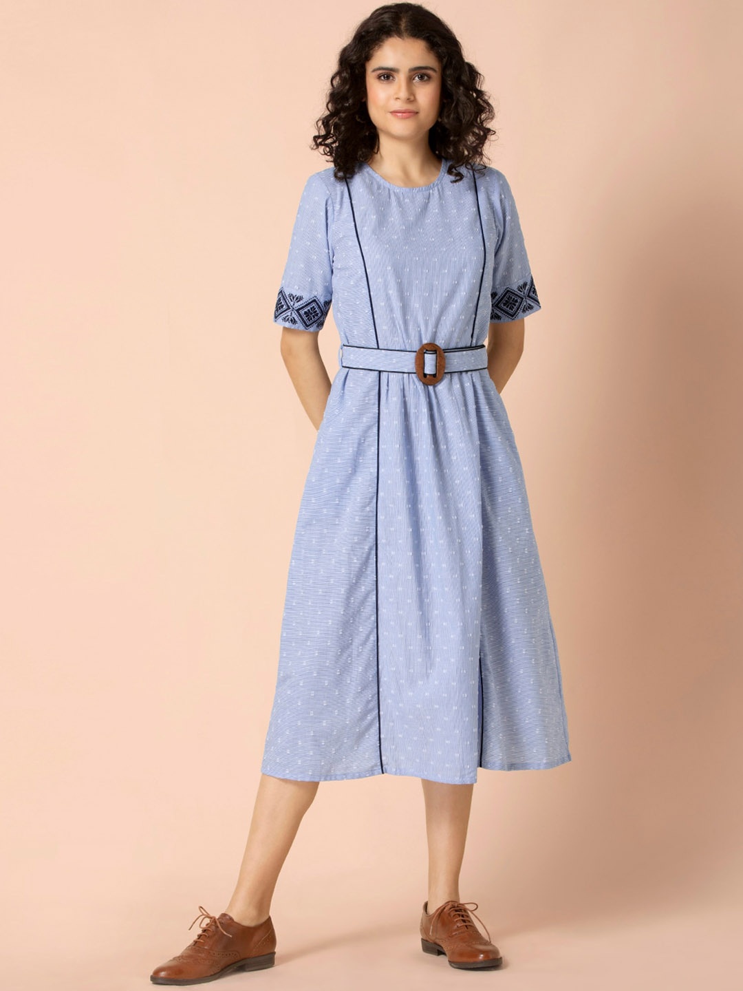 

Earthen BY INDYA Blue Striped Belted Embroidered A-Line Dress