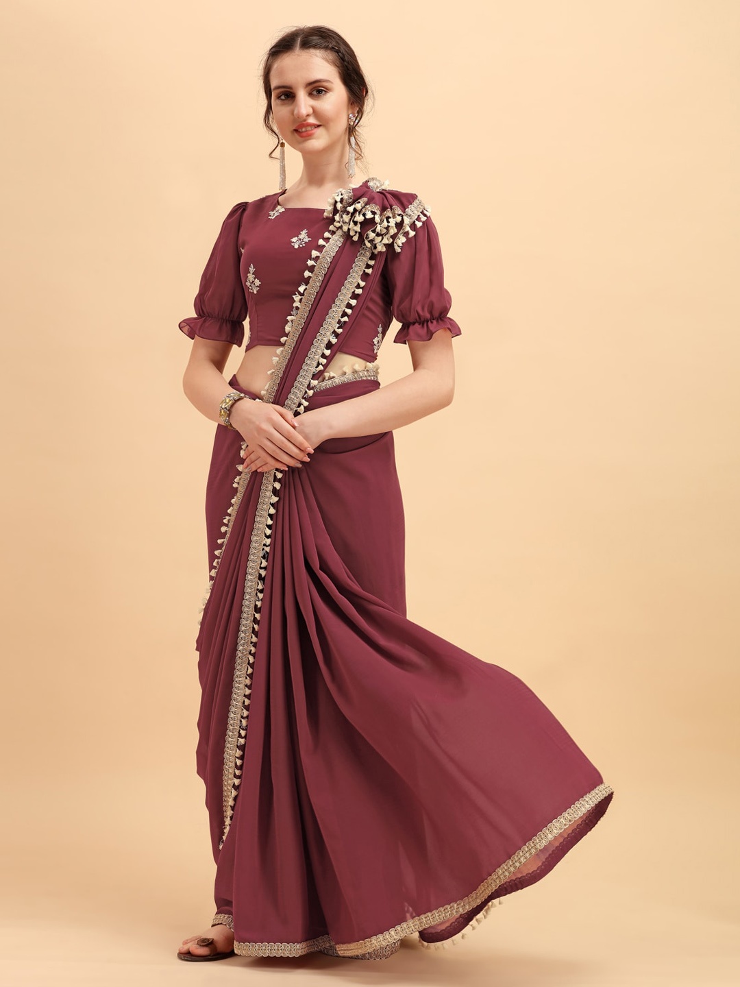 

Sangria Rust Red Lace Saree