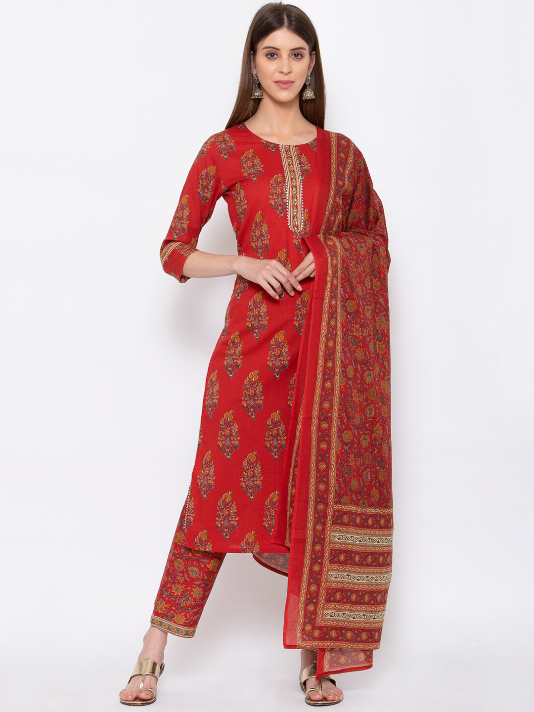 

Yuris Women Red Ethnic Motifs Printed Pure Cotton Kurta with Trousers & With Dupatta