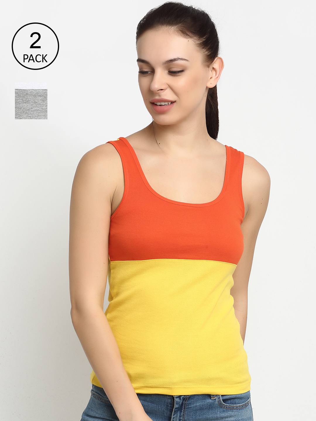 Friskers Women Pack of 2 Grey & Yellow Pure Cotton Tank Top