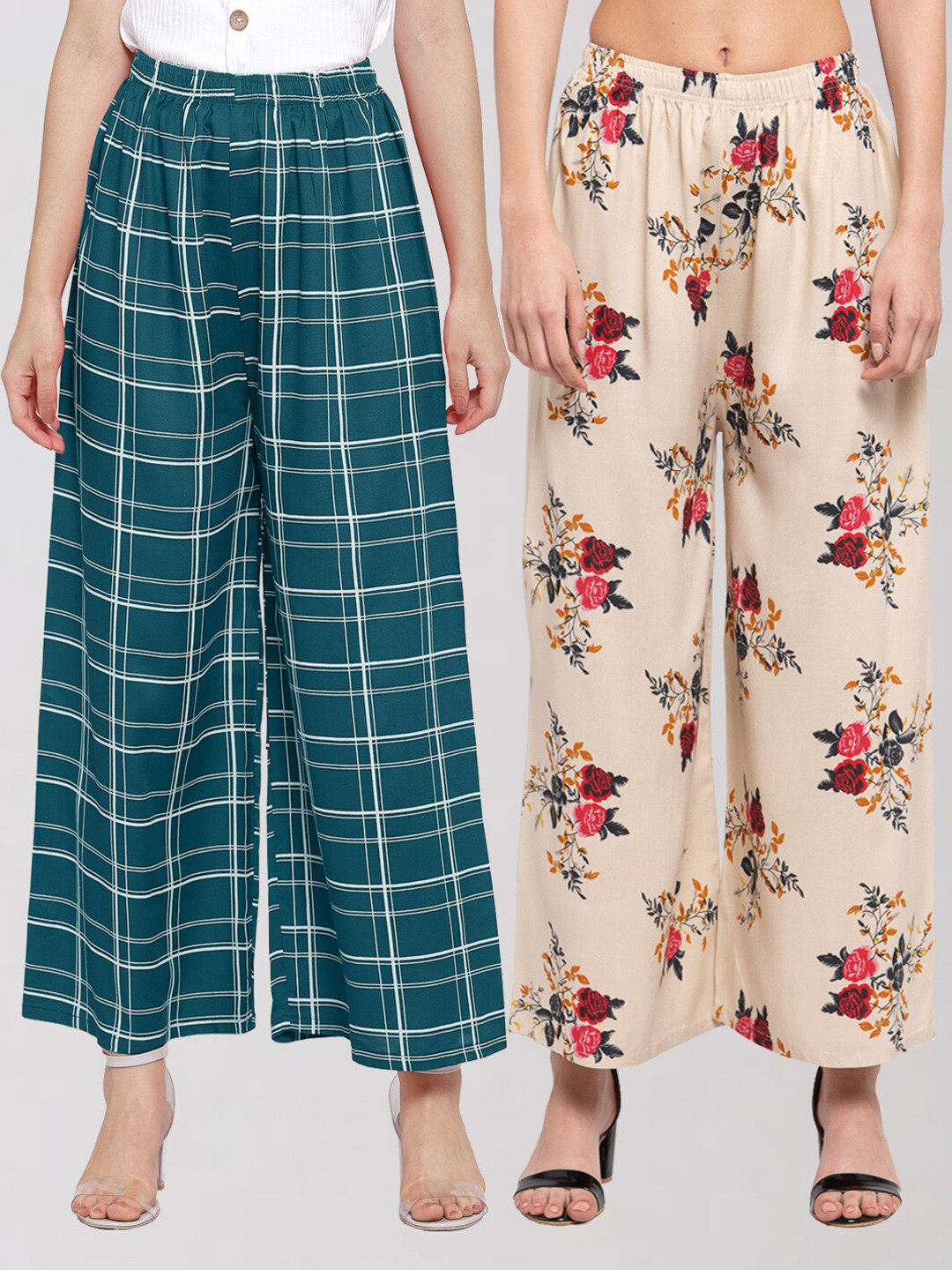 

KLOTTHE Women Beige & Teal Set of 2 Floral Printed Palazzos