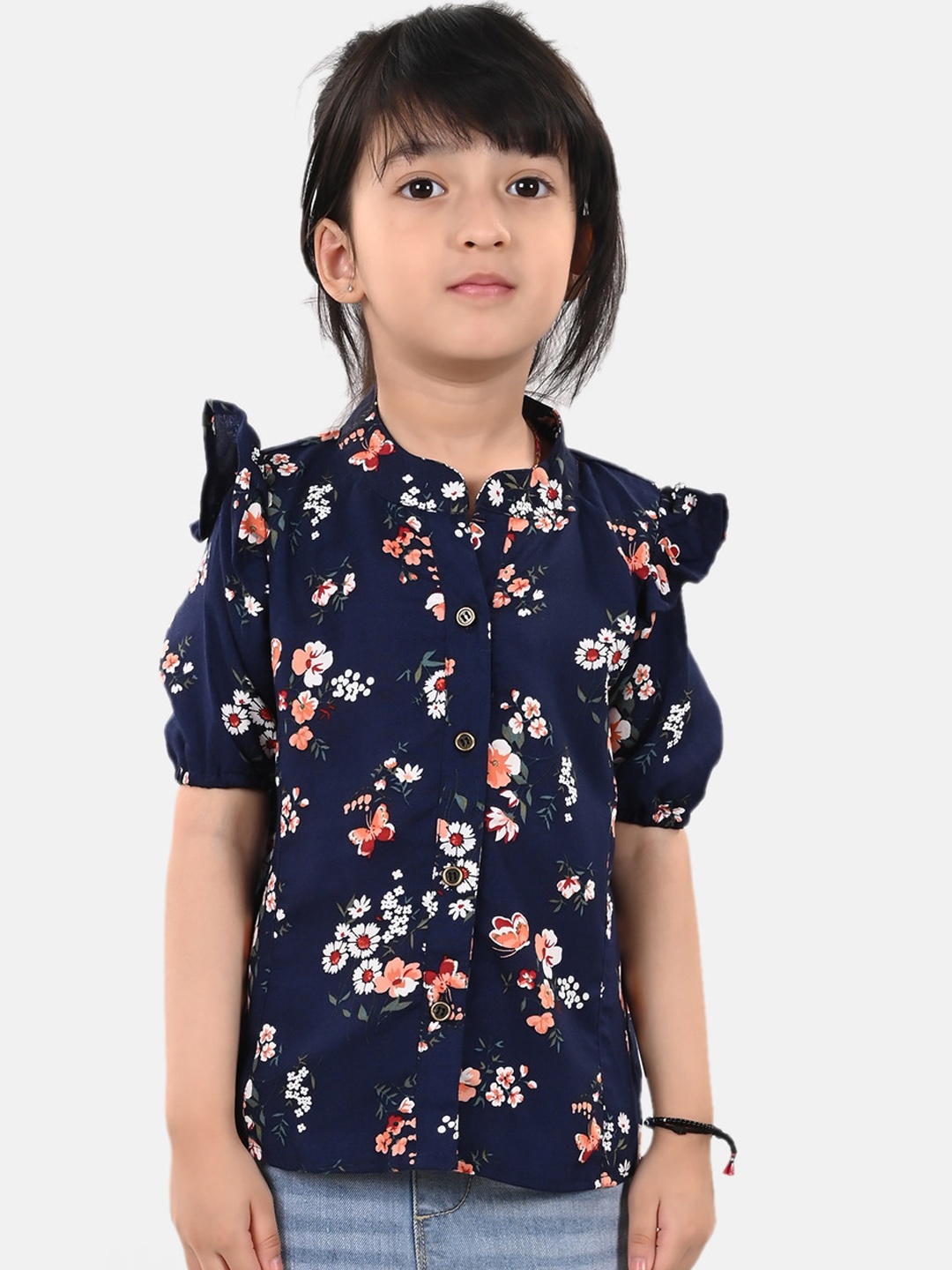 

ESME Girls Blue Floral Mandarin Collar Puff Sleeve Regular Top