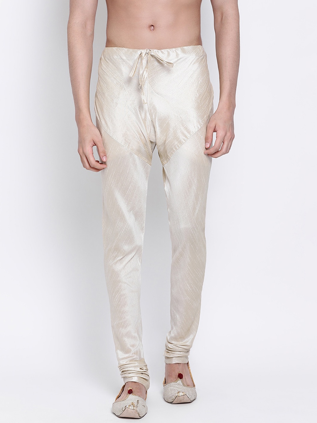 

Sanwara Men Cream-Coloured Solid Art Silk Churidar