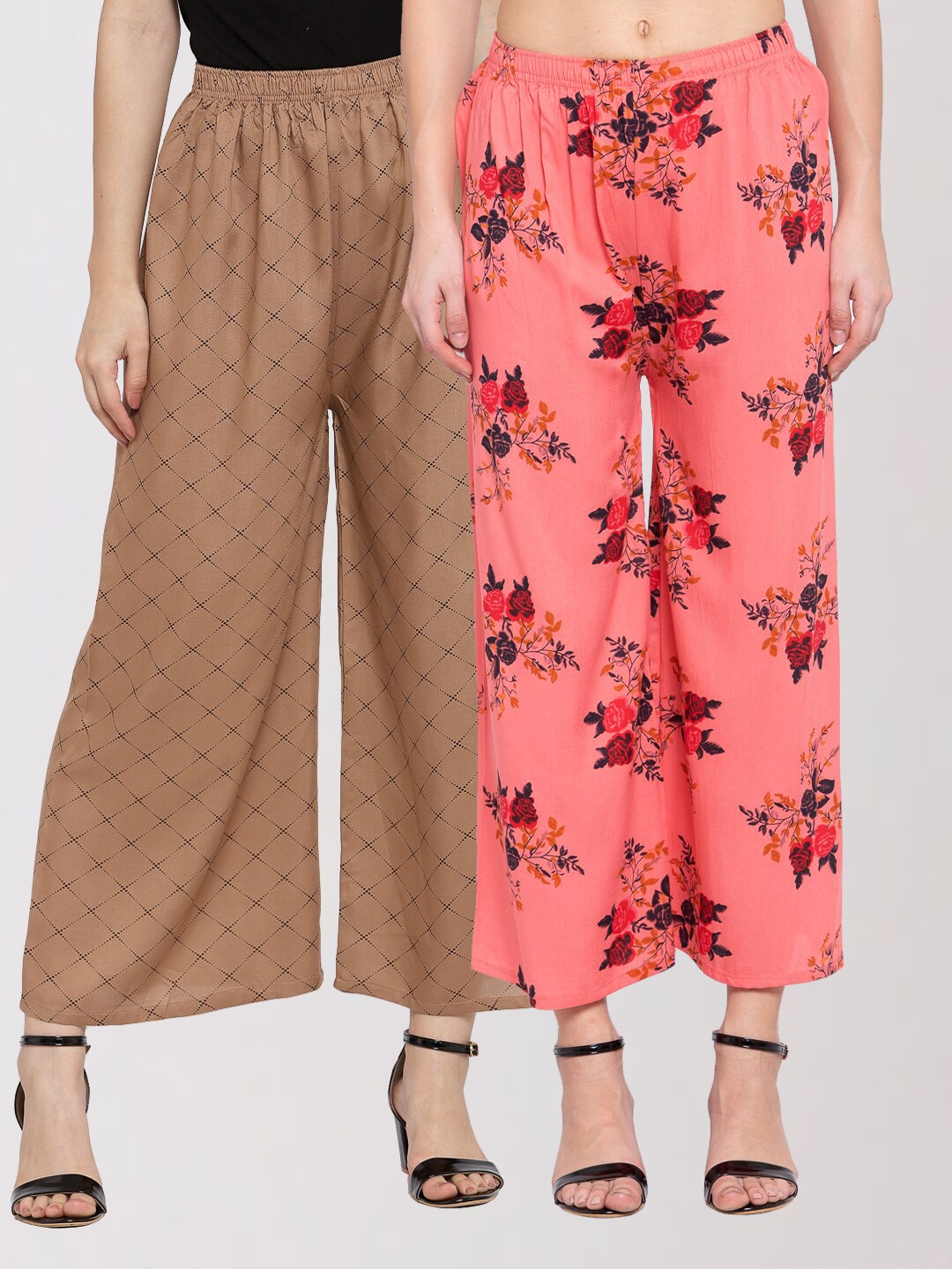 

KLOTTHE Women Peach-Coloured & Brown 2 Floral Printed Palazzos