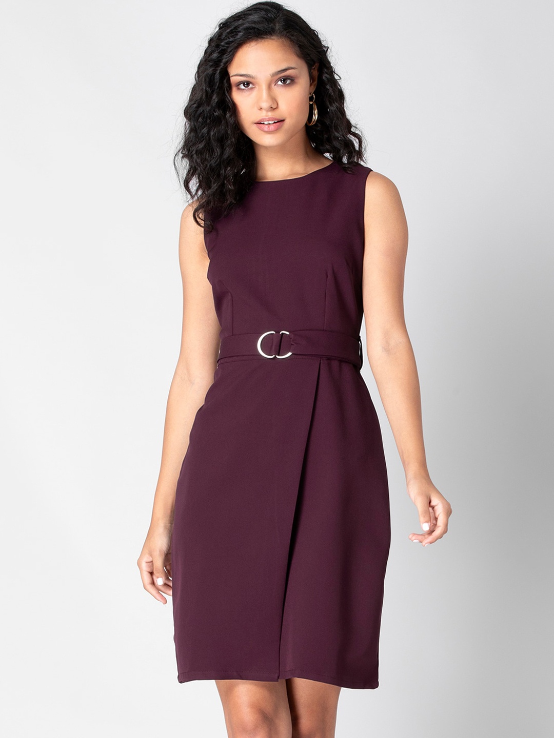 

FabAlley Purple Solid Belted A-Line Dress