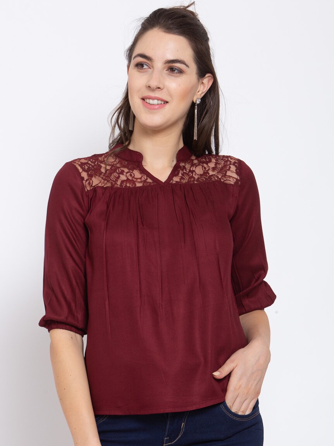 

Style Quotient Maroon Mandarin Collar Regular Top