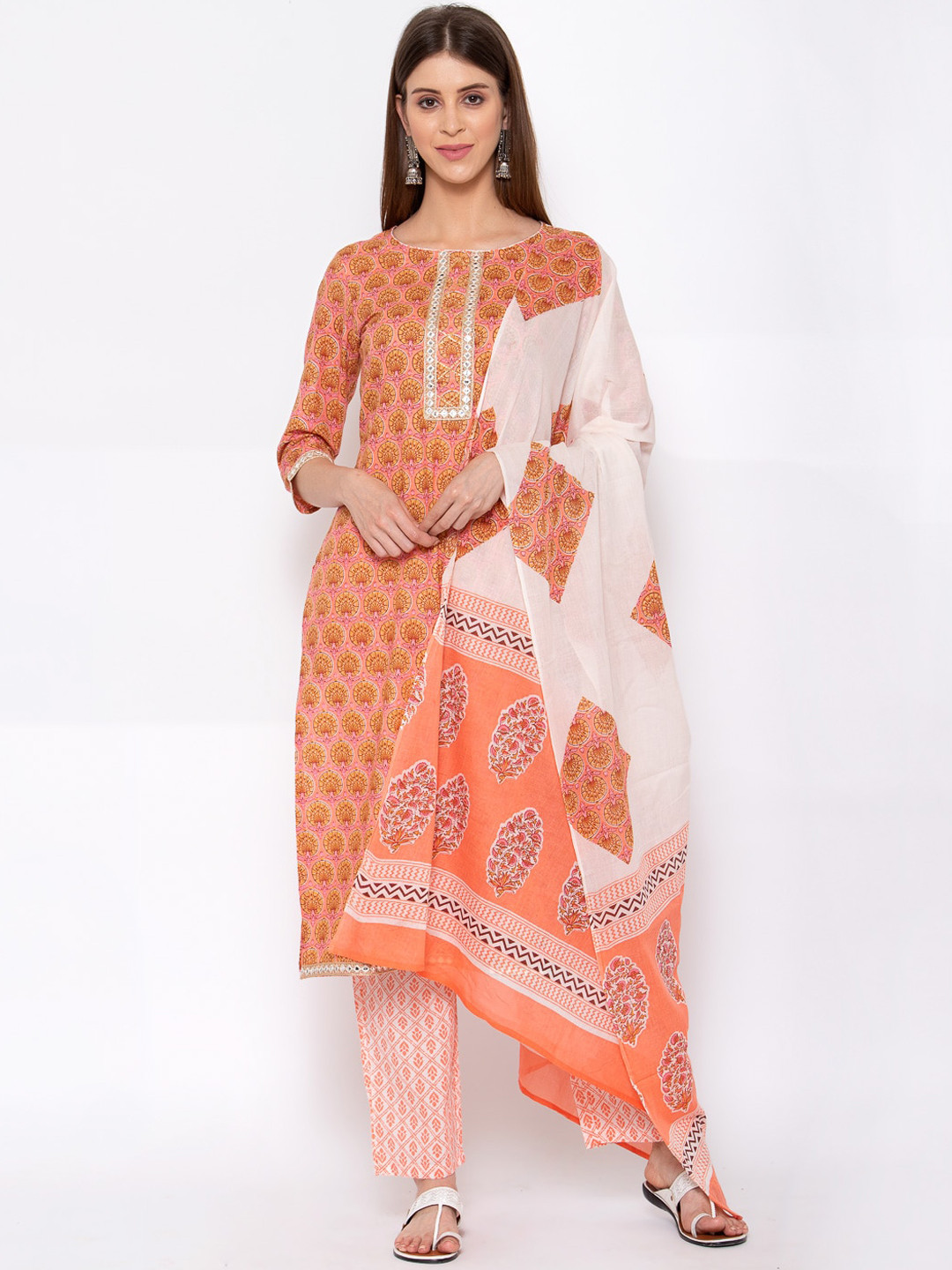 

Yuris Women Peach Paisley Printed Empire Pure Cotton Kurta with Trousers & With Dupatta