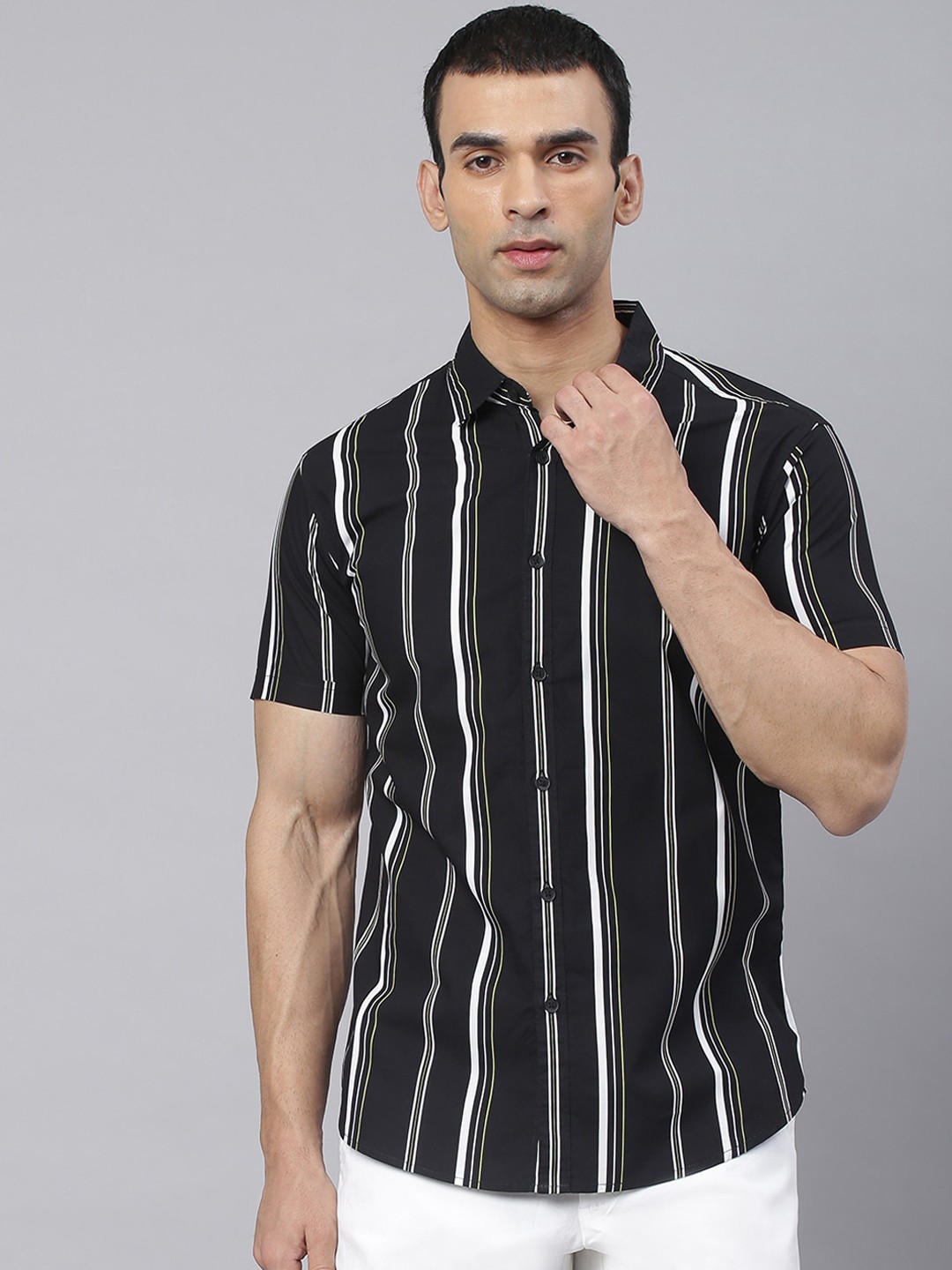 

Dennis Lingo Men Black & White Slim Fit Striped Pure Cotton Casual Shirt