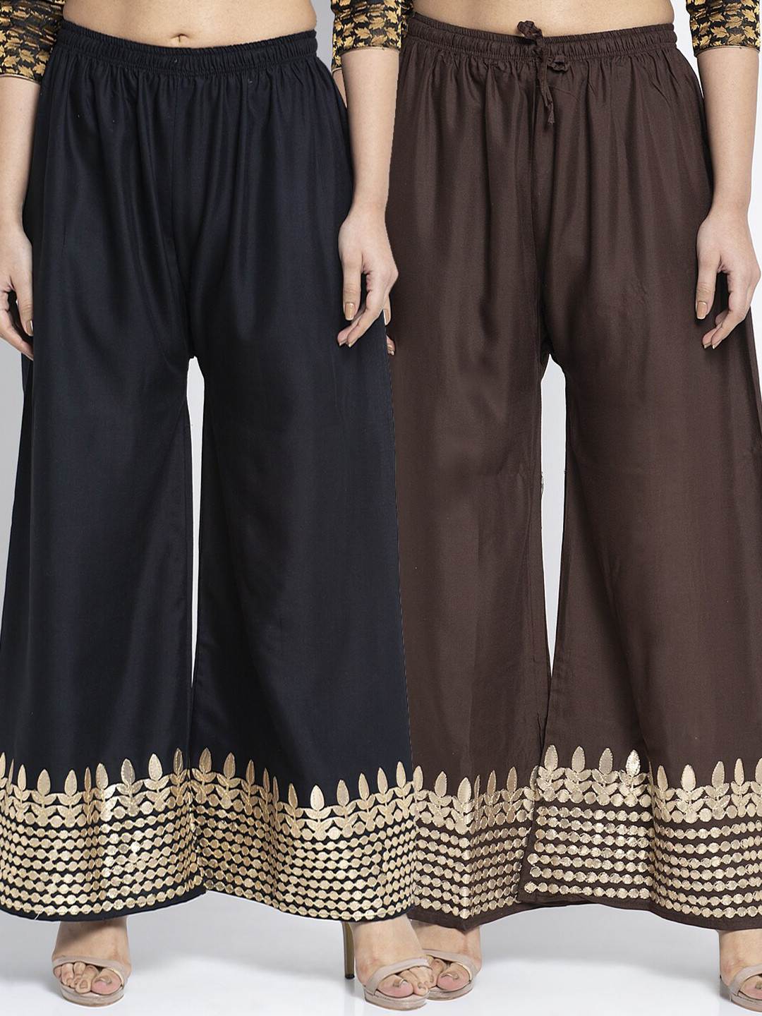 

GRACIT Women Pack Of 2 Black & Brown Floral Hem Design Knitted Palazzos