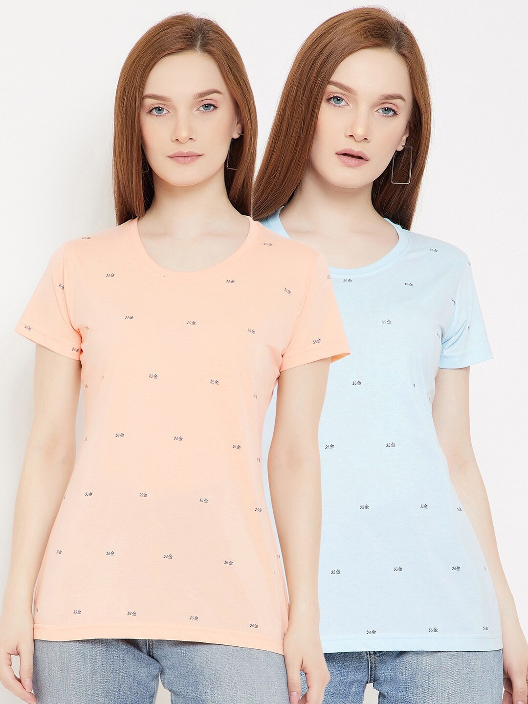 

Okane Women Pack of 2 Blue & Peach-Coloured Printed T-shirts