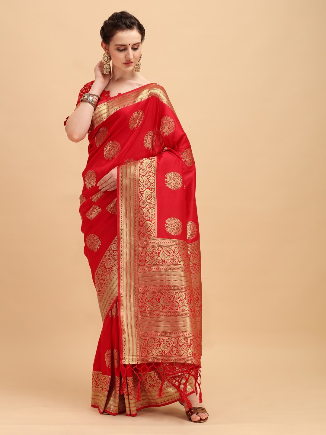 

House of Pataudi Red & Golden Ethnic Motifs Zari Jashn Saree