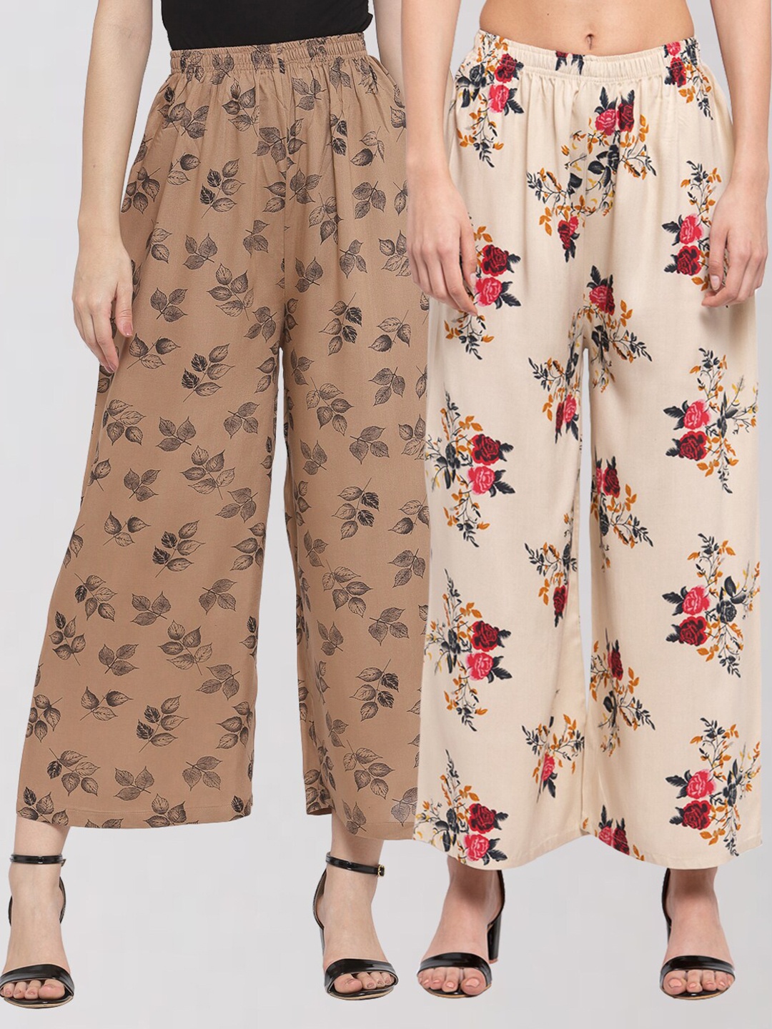 KLOTTHE Women Brown & Peach Set Of 2 Floral Printed Palazzos