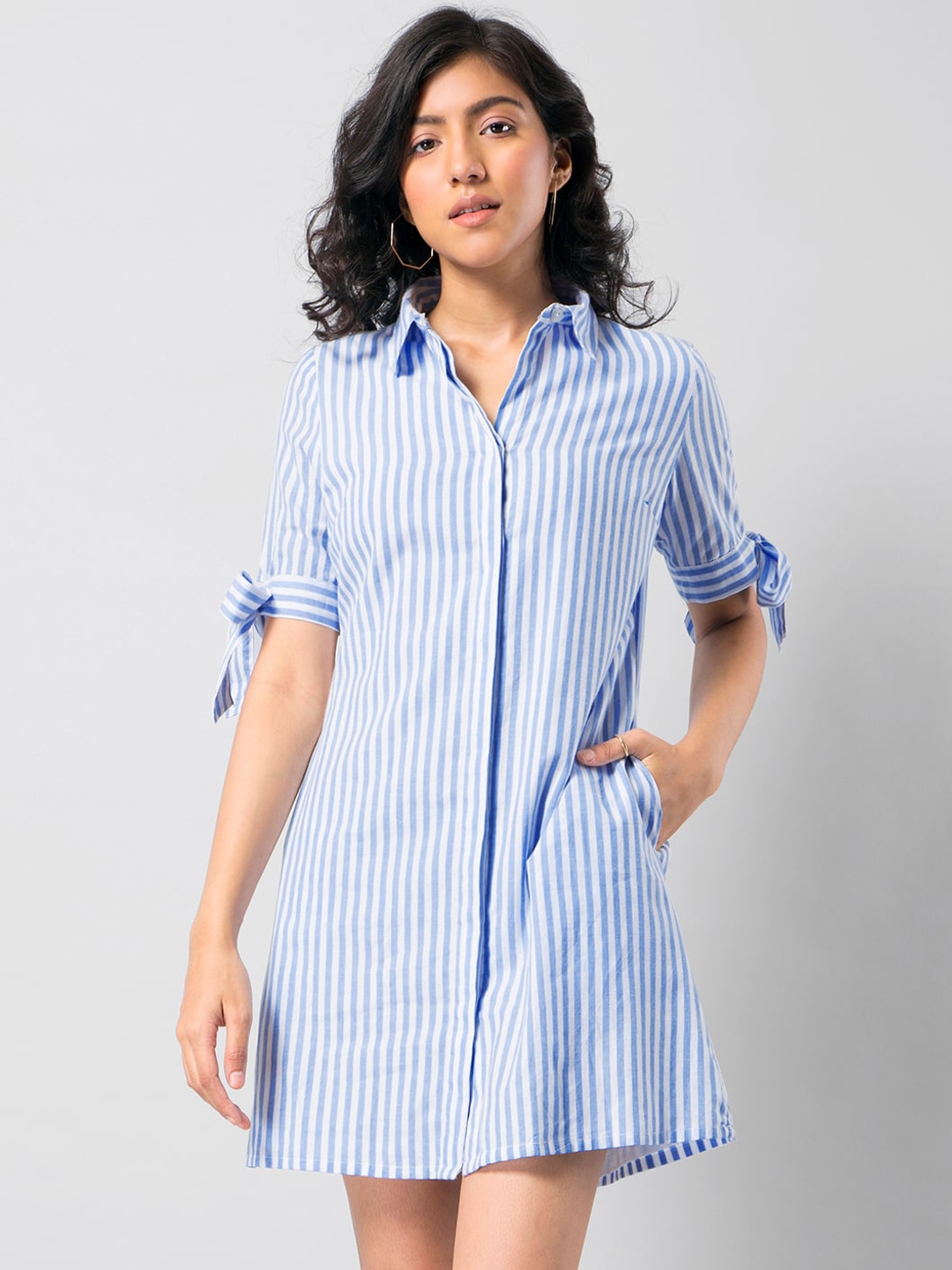 

FabAlley Blue & White Striped Pure Cotton Tie-Up Shirt Dress
