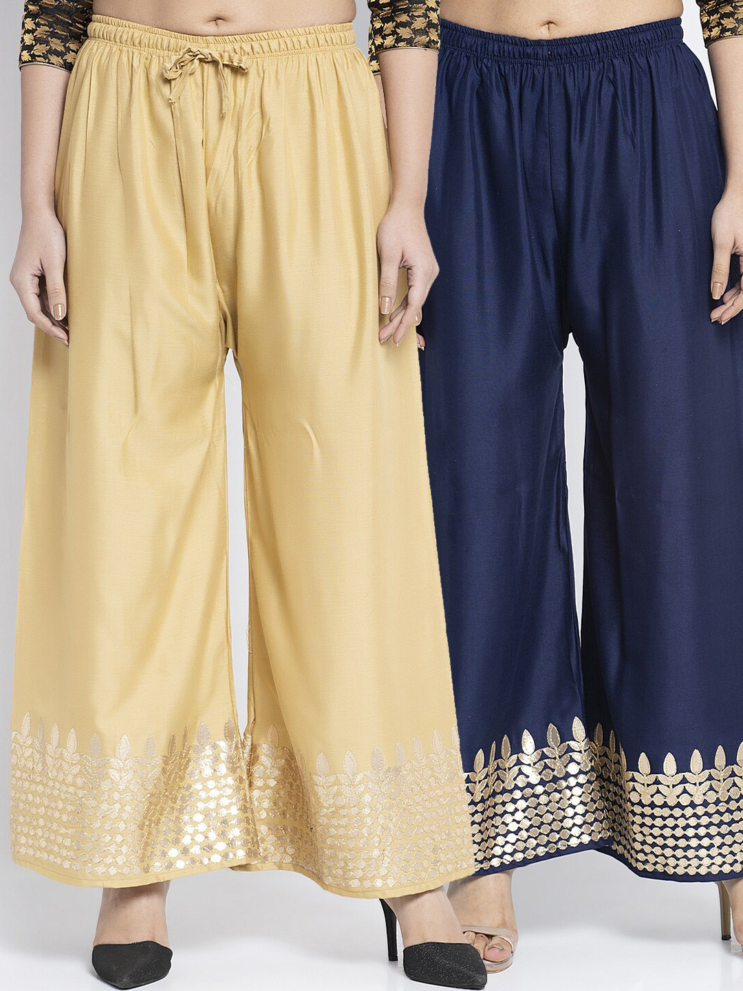 

GRACIT Women Beige & Navy Blue 2 Floral Hem Design Knitted Palazzos