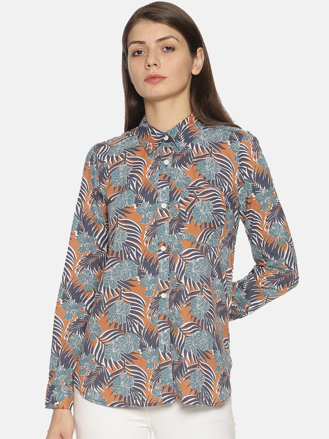 

Campus Sutra Women Brown & Blue Regular Fit Printed Casual Shirt