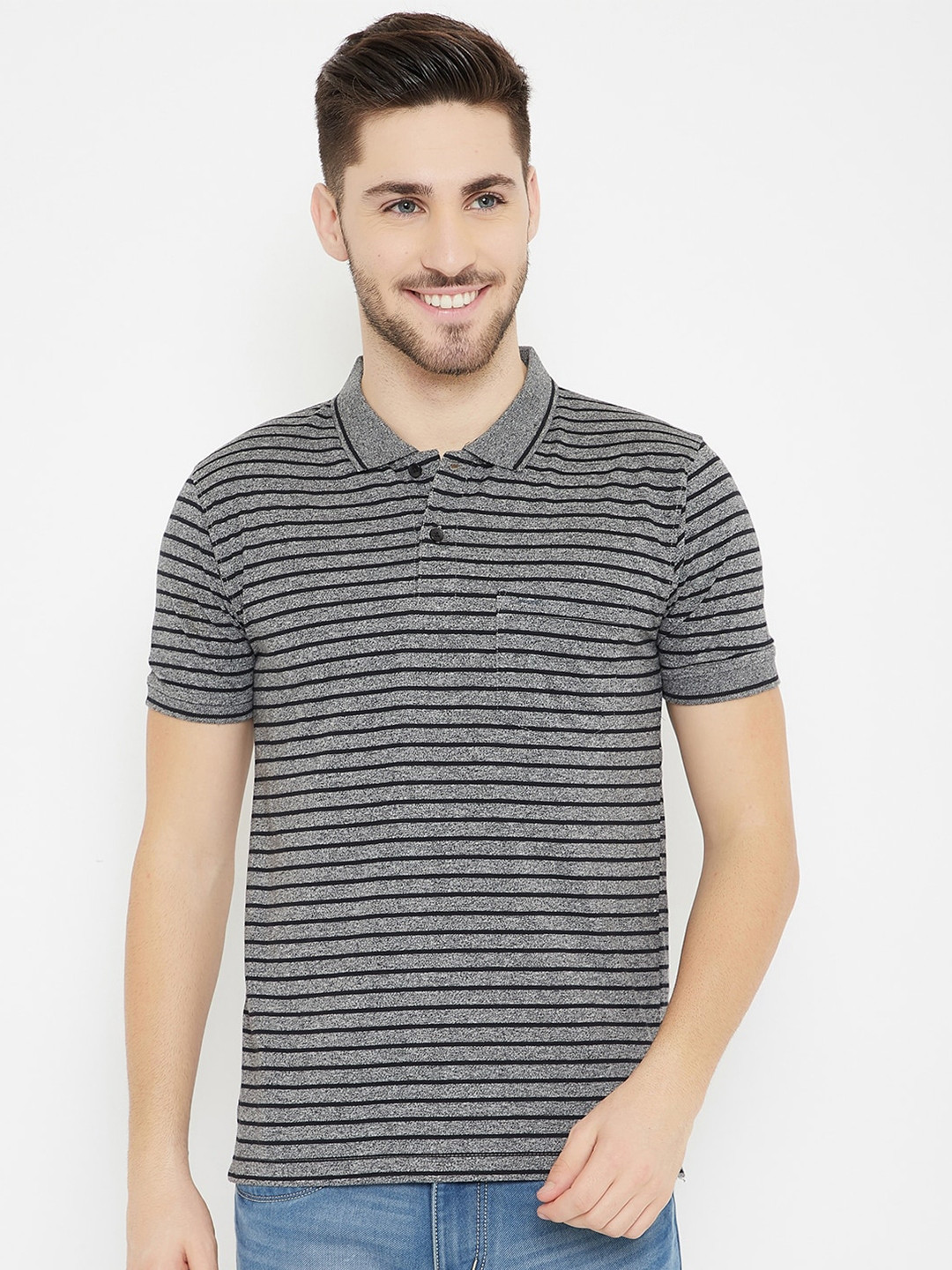 

Okane Men Grey Striped Polo Collar T-shirt