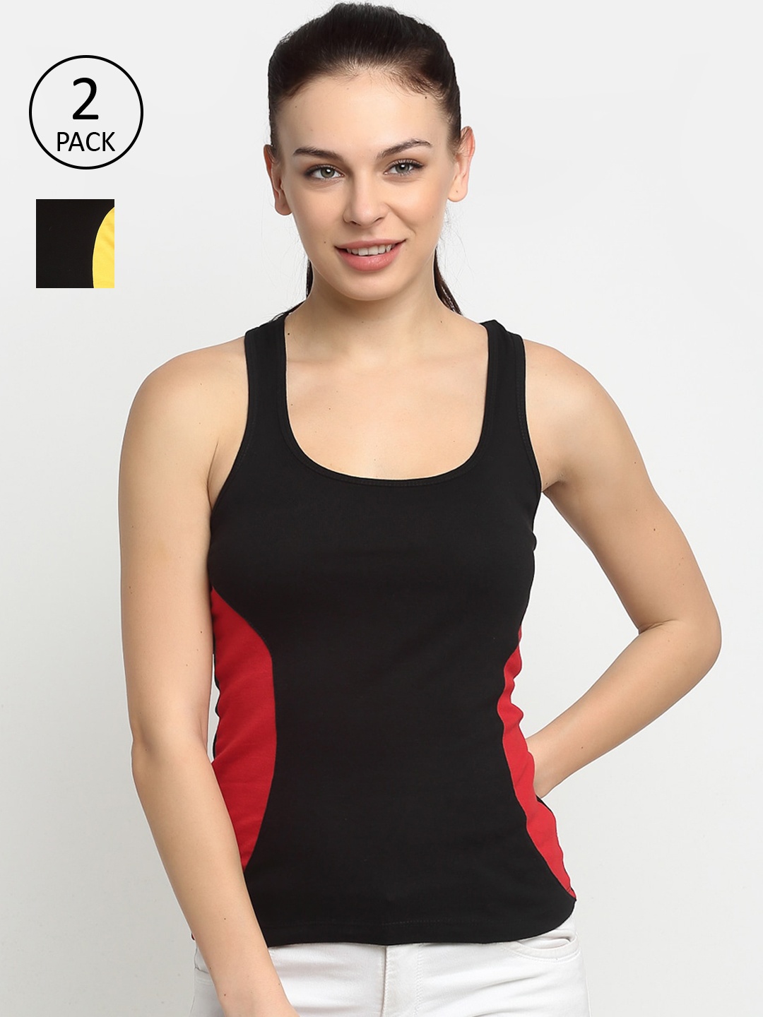 Friskers Women Pack of 2 Black & Red Pure Cotton Tank Top