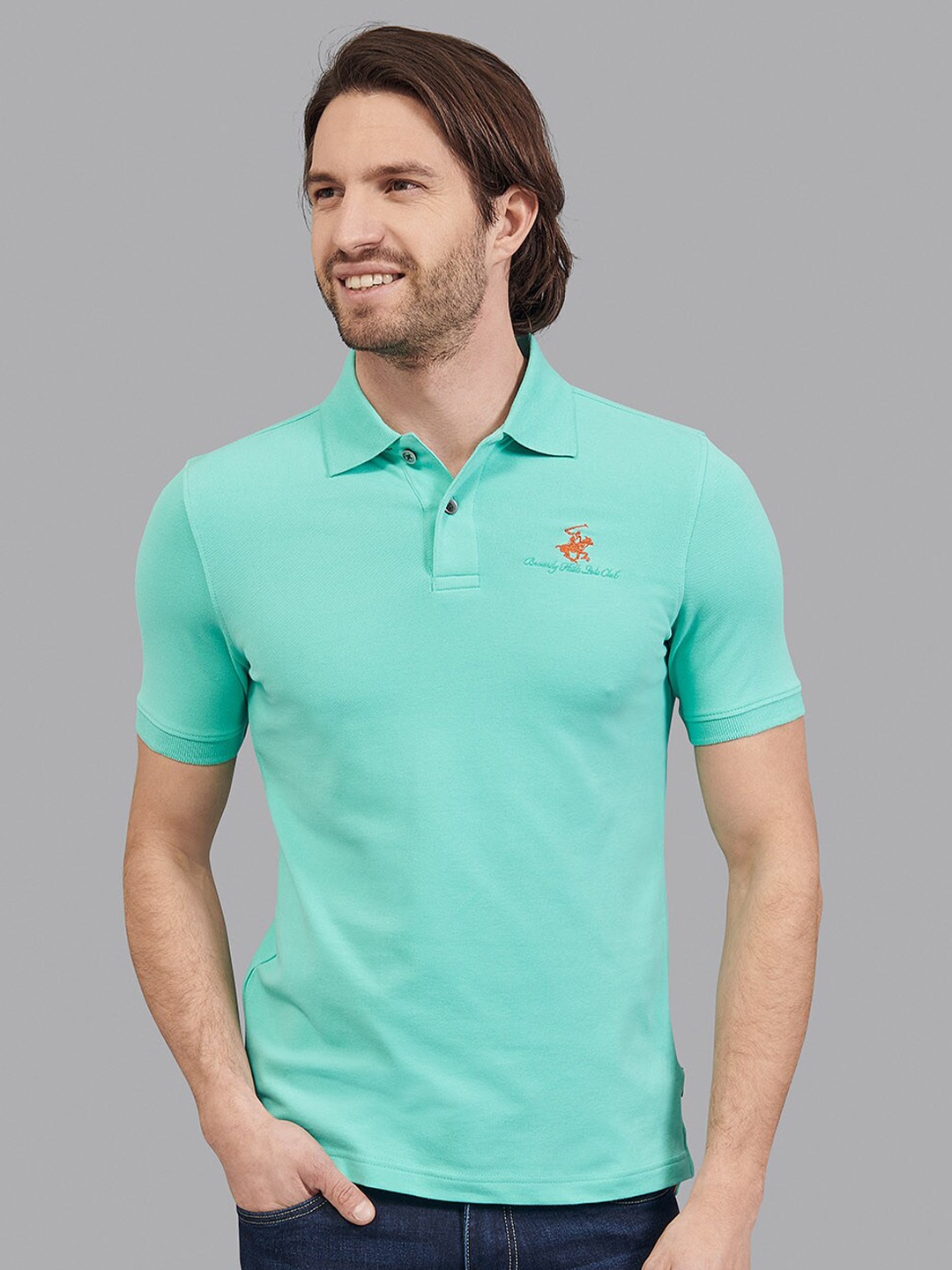 

Beverly Hills Polo Club Men Turquoise Blue Self Design Polo Collar T-shirt