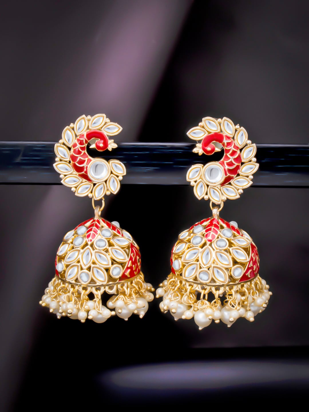 

Sukkhi Maroon Gold-Plated Kundan Studded Meenakari Dome Shaped Jhumkas
