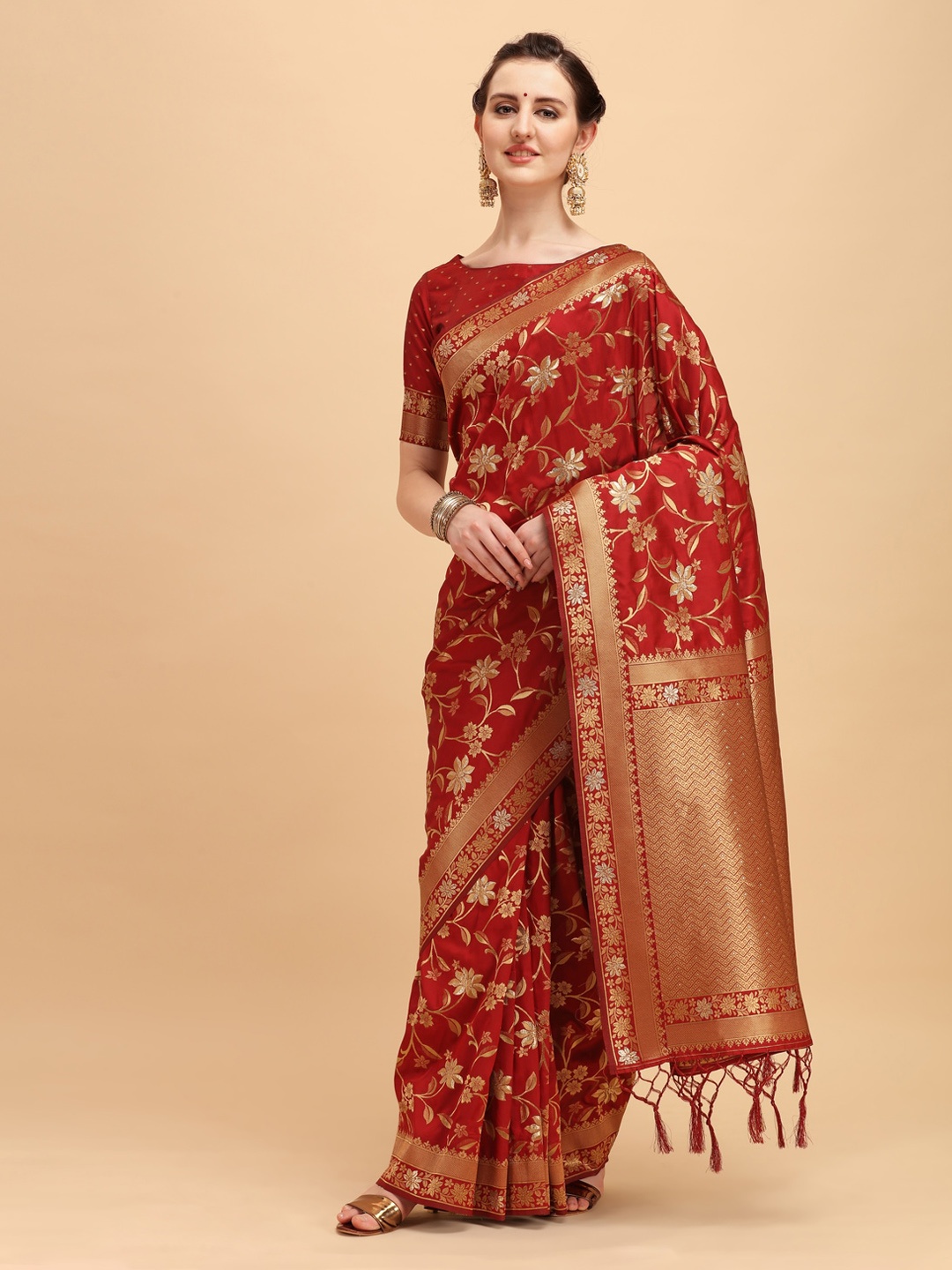 

House of Pataudi Red & Golden Floral Zari Silk Blend Saree