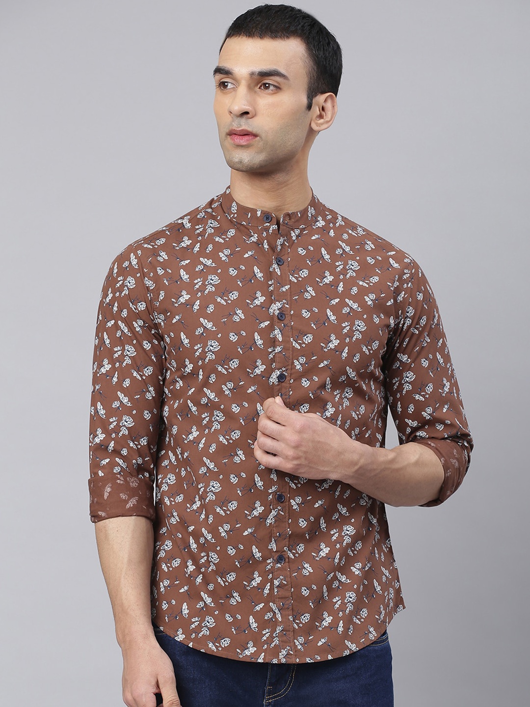 

Dennis Lingo Men Brown Comfort Slim Fit Floral Printed Pure Cotton Casual Shirt