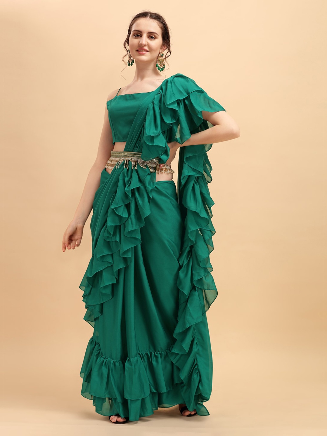 

Sangria Green Silk Blend Ruffled Saree with Belt