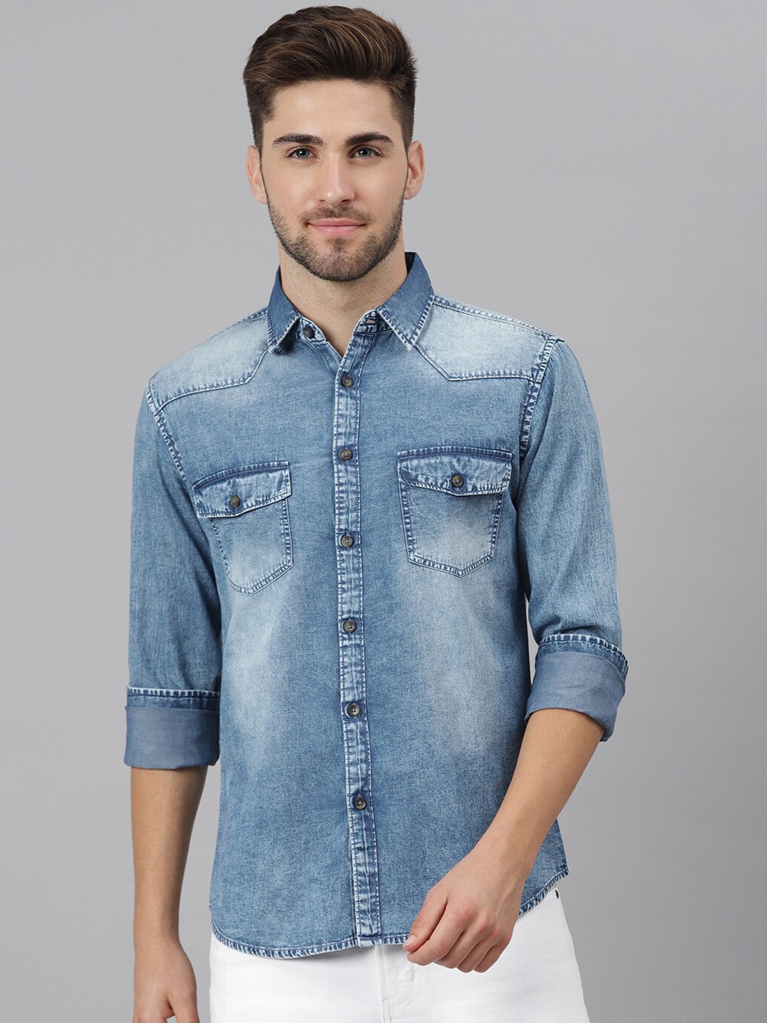 

Dennis Lingo Men Blue Comfort Slim Fit Faded Pure Cotton Casual Shirt