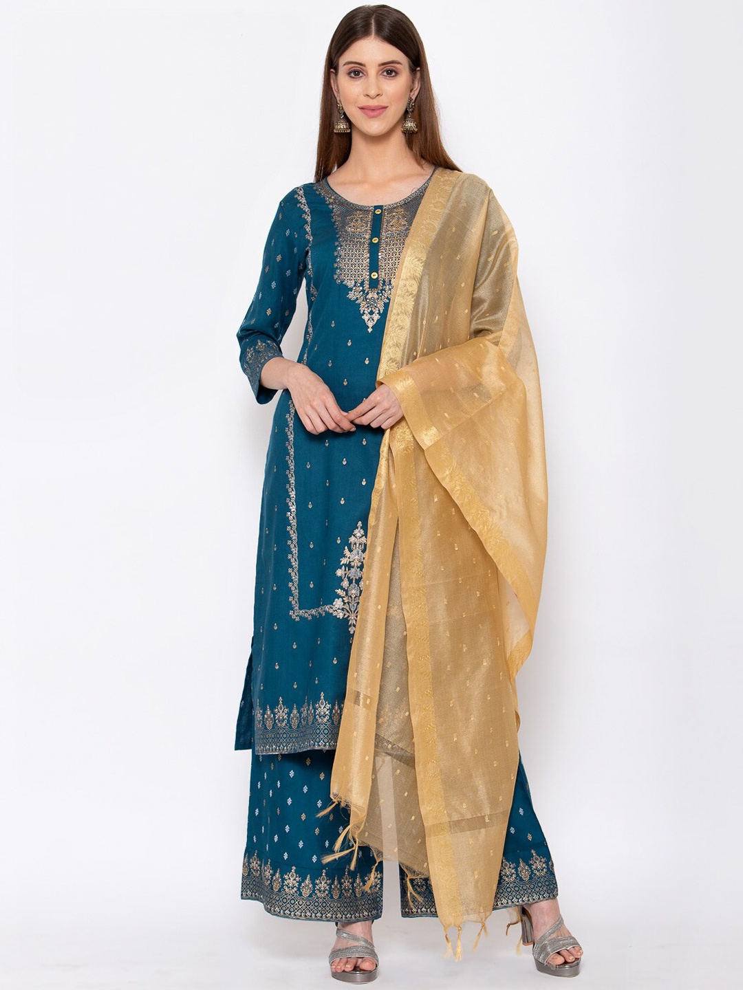 

Yuris Women Teal Ethnic Motifs Panelled Pure Cotton Kurta with Trousers & Dupatta