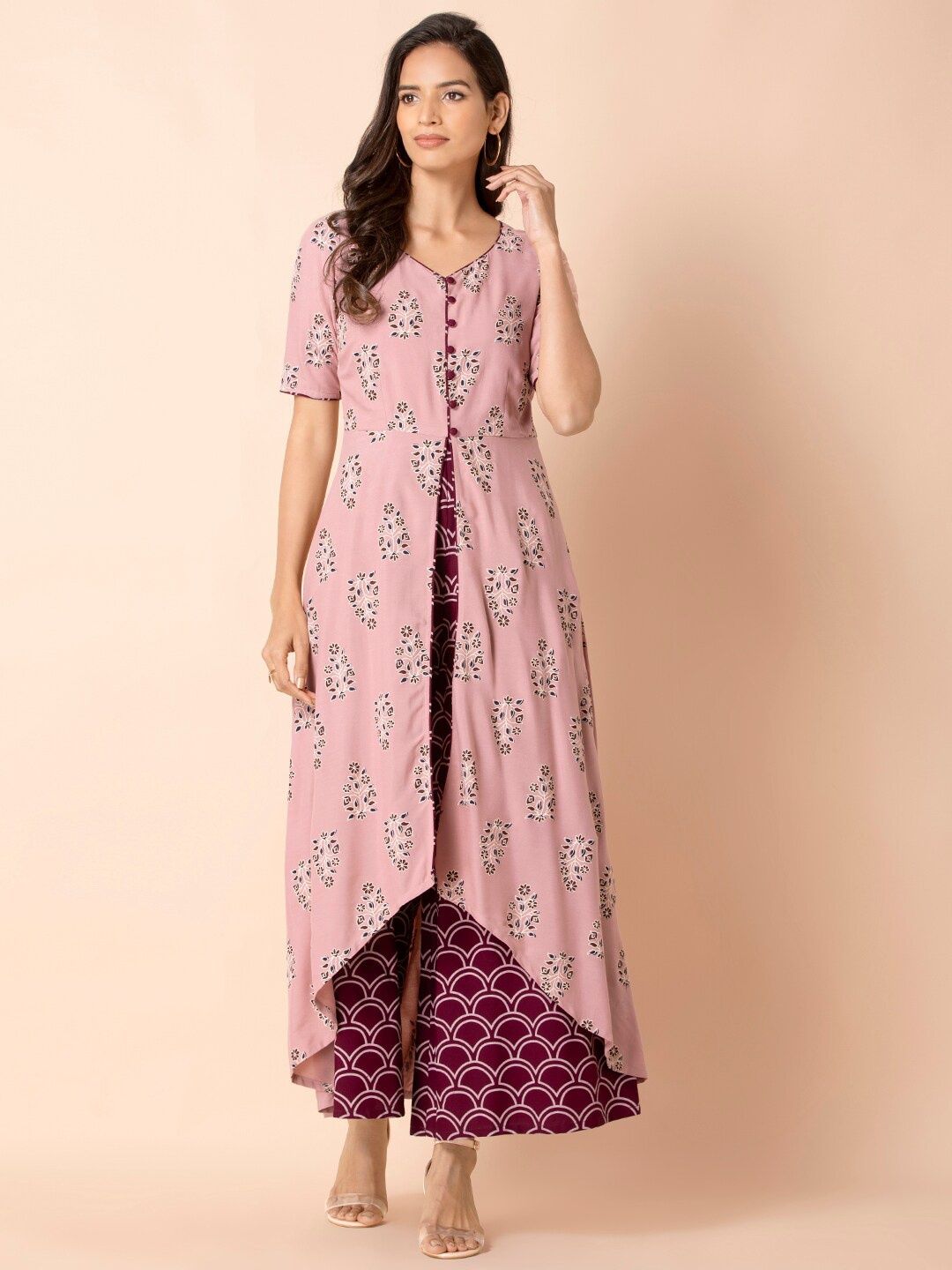 

INDYA Pink & Maroon Printed Layered Jumpsuit