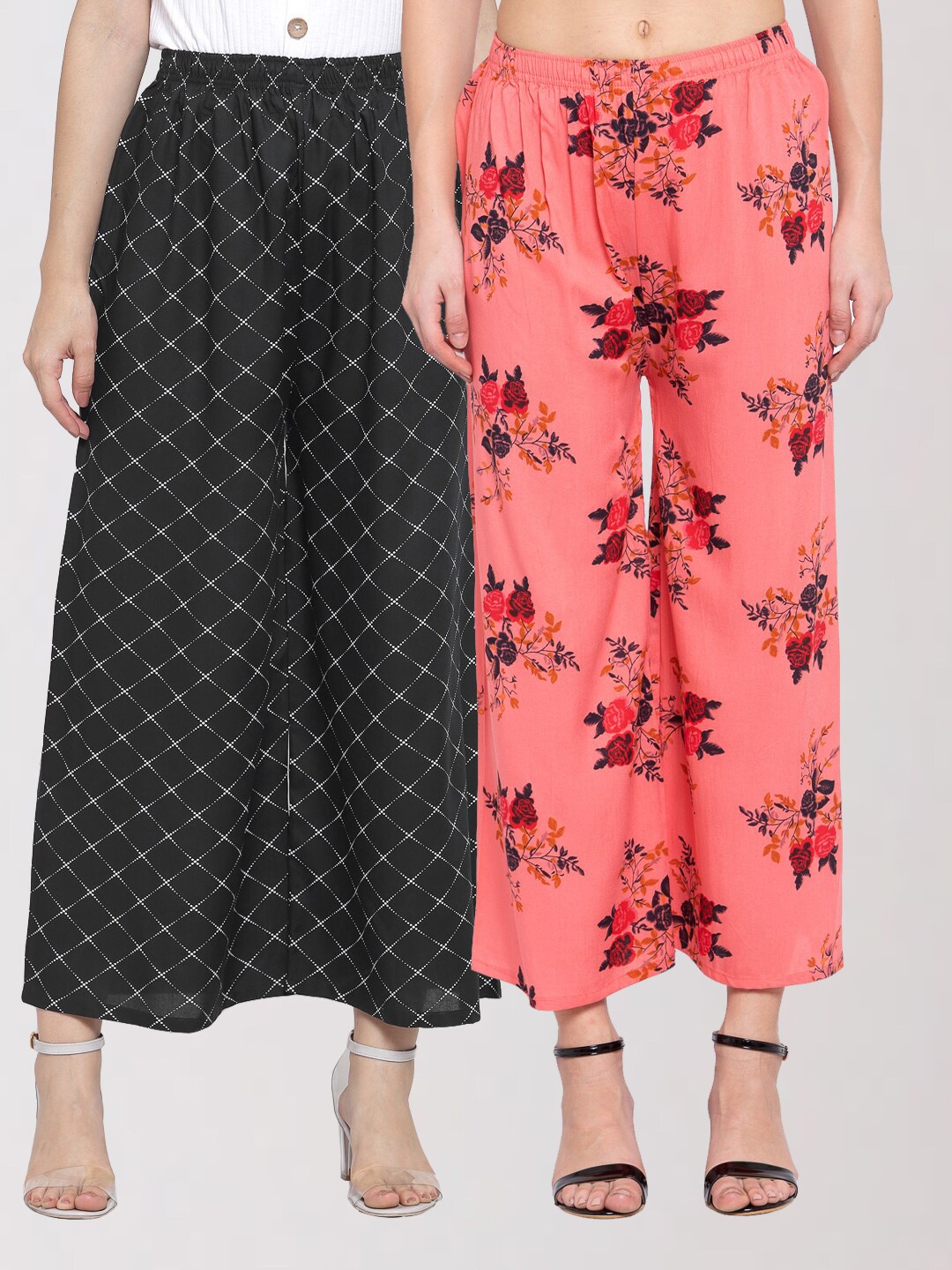 

KLOTTHE Women Black & Peach 2 Floral Printed Palazzos