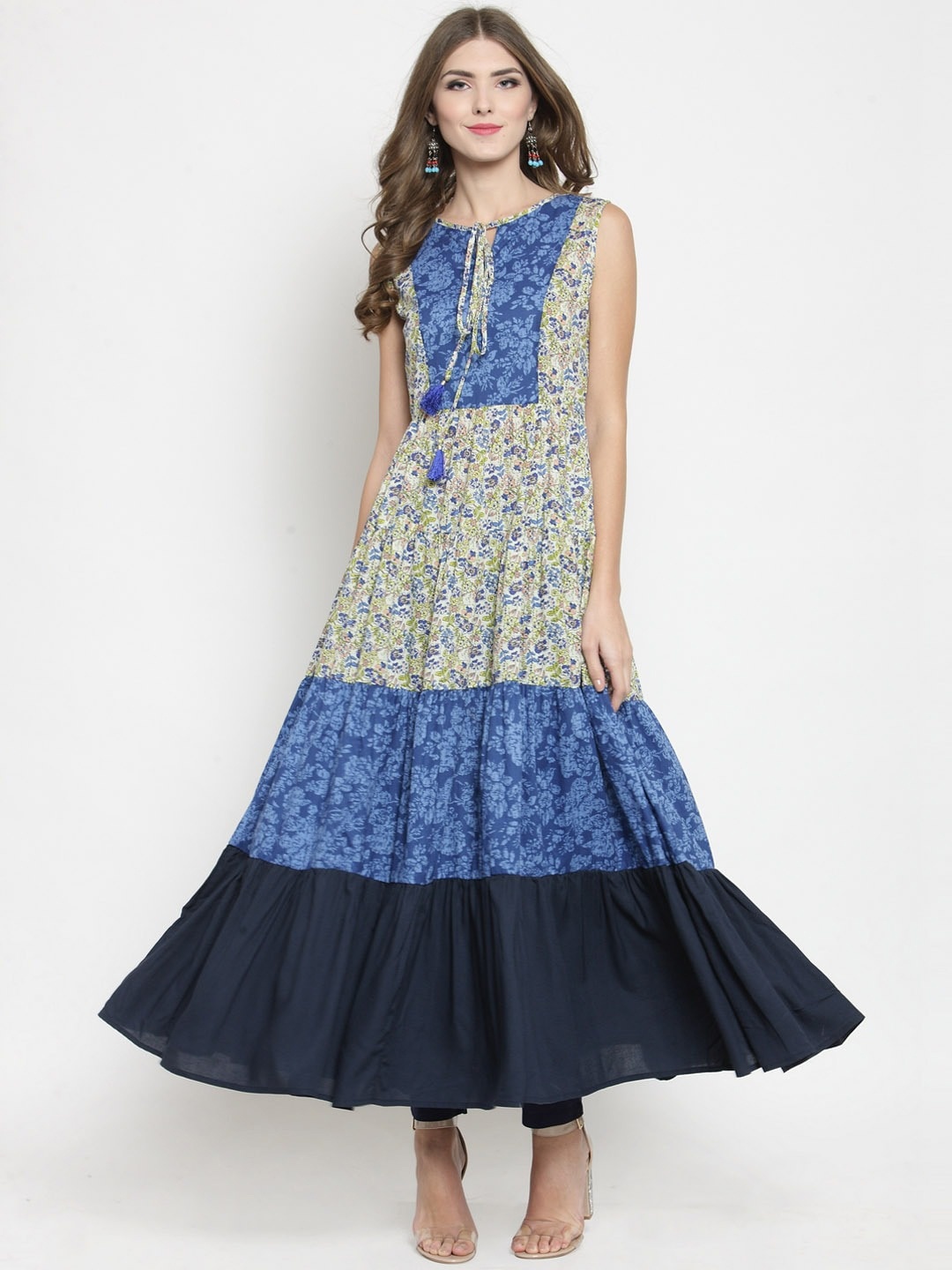 

Sera Women Off White & Blue Floral Print Tiered Floor Length Anarkali Kurti