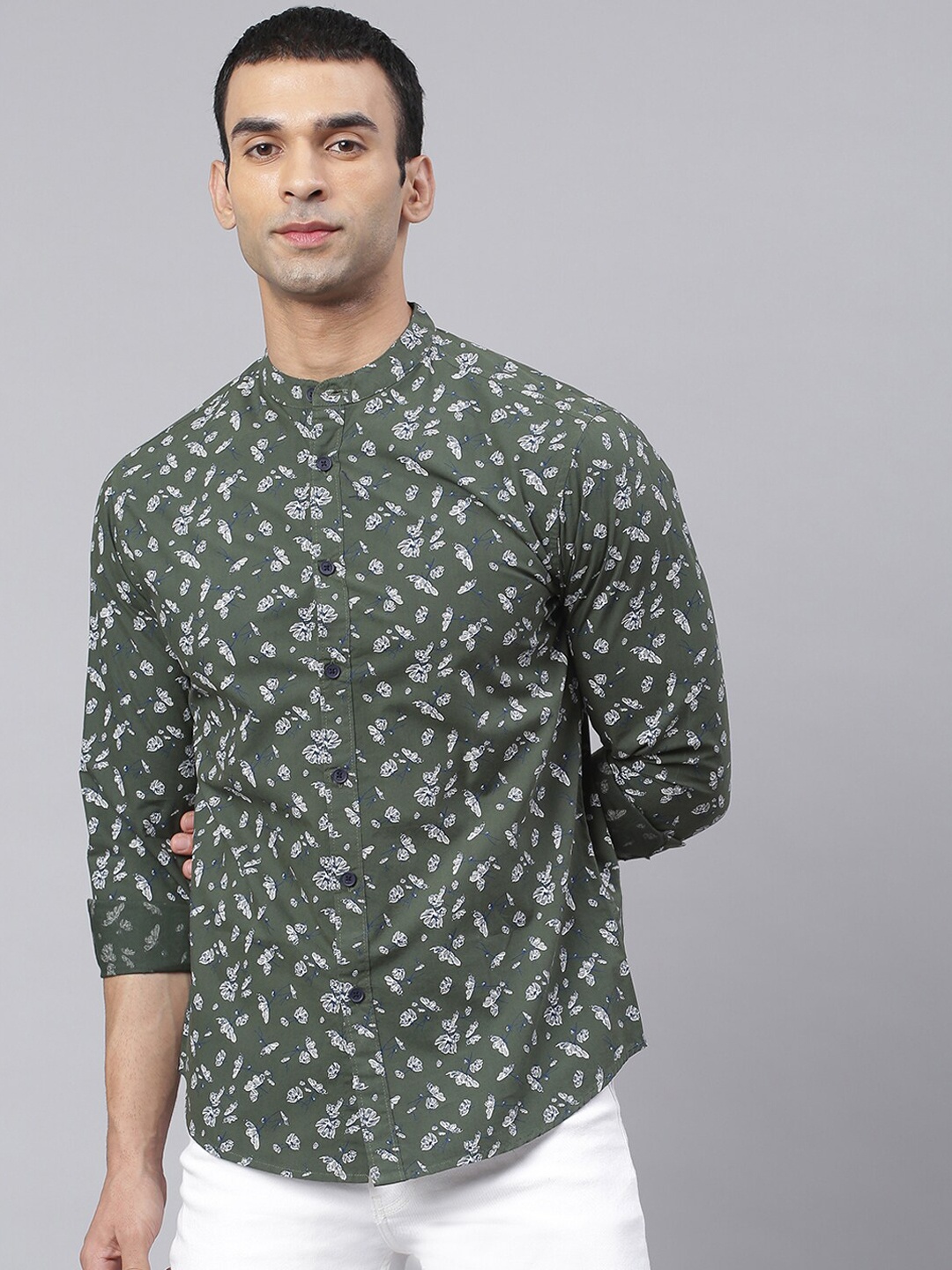 

Dennis Lingo Men Green Comfort Slim Fit Floral Printed Pure Cotton Casual Shirt