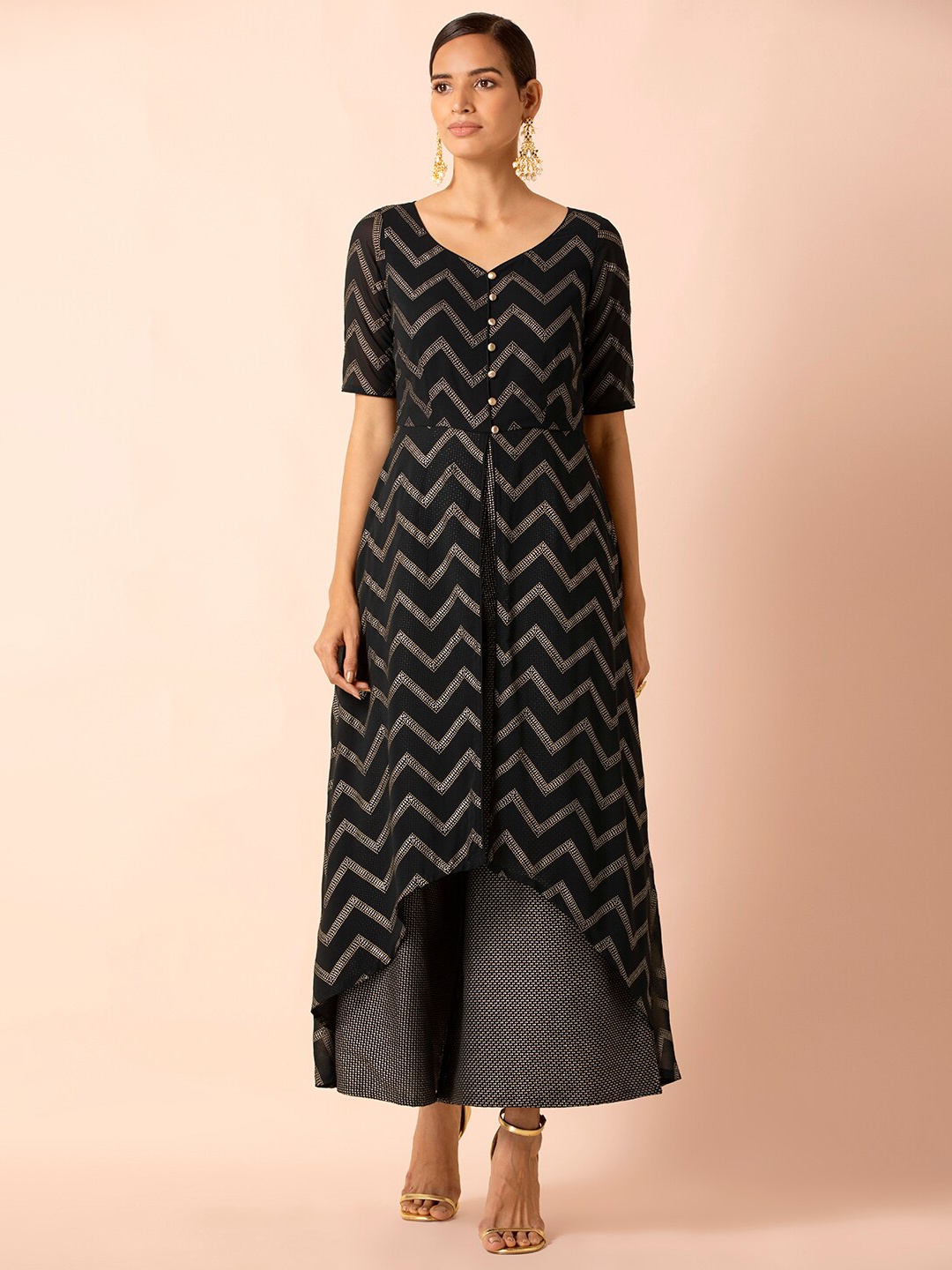

INDYA Black & Gold-Toned Printed Chevron Dotted Layered Jumpsuit