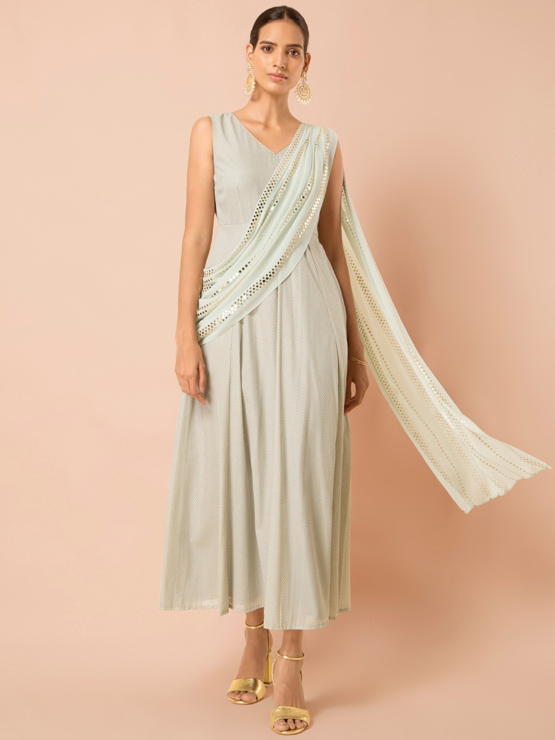 

INDYA Green Georgette Maxi Dress with Attached Embellished Dupatta