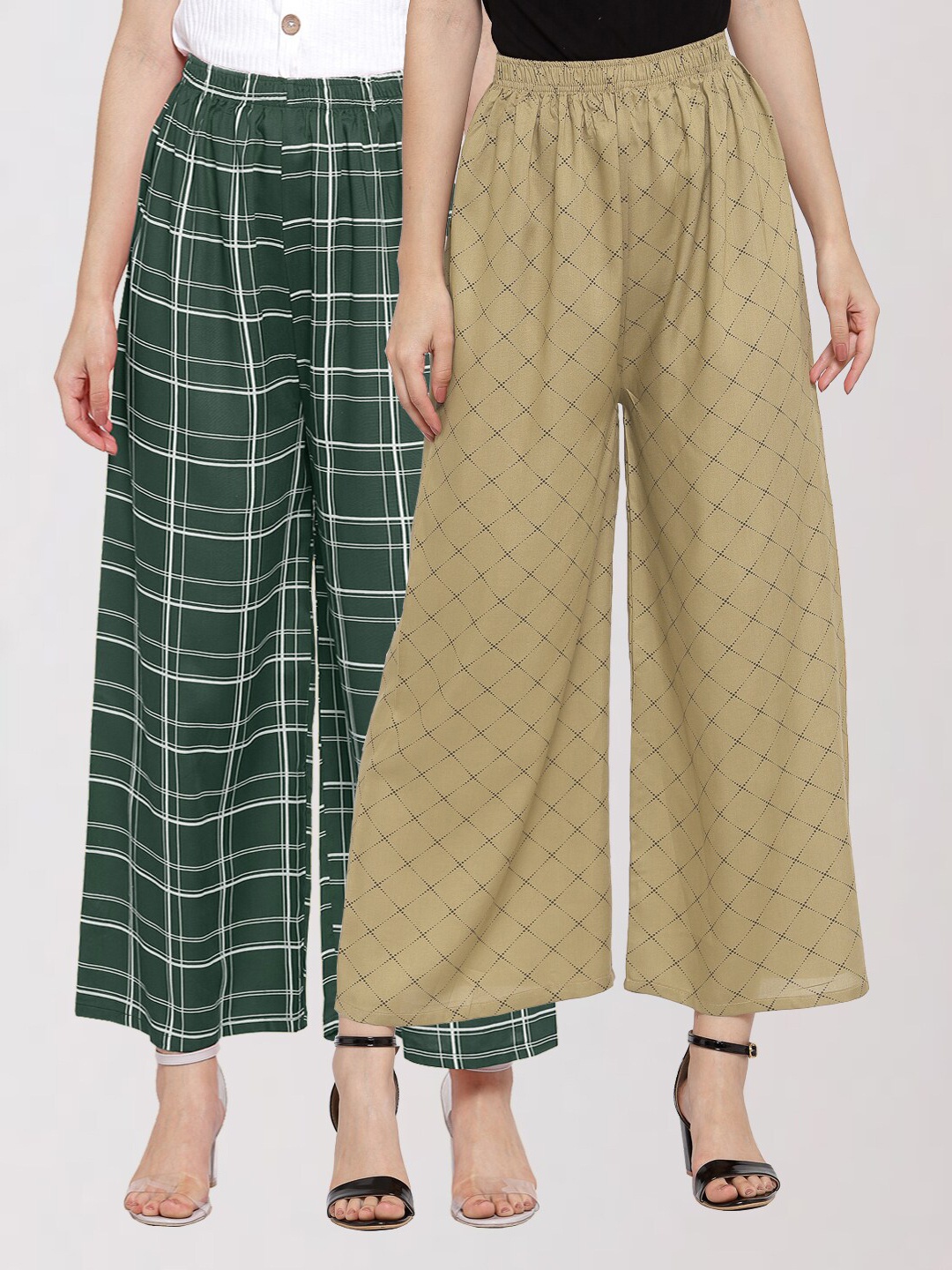 KLOTTHE Women Green & Khaki Set of 2 Checked Palazzos