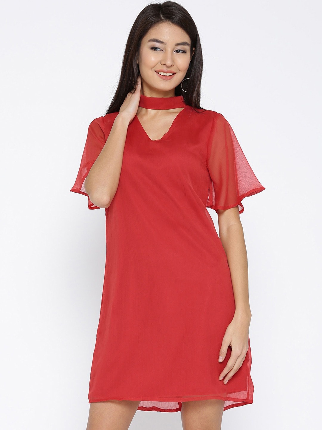 

Sera Red Choker Neck Chiffon A-Line Dress