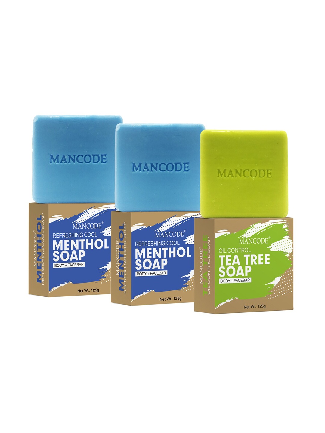

MANCODE Pack of 3 125gm Cool Menthol, Menthol And Tea Tree Oil Control Soap, Blue