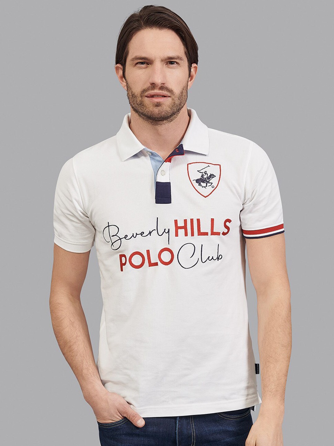 

Beverly Hills Polo Club Men White Colourblocked Polo Collar T-shirt