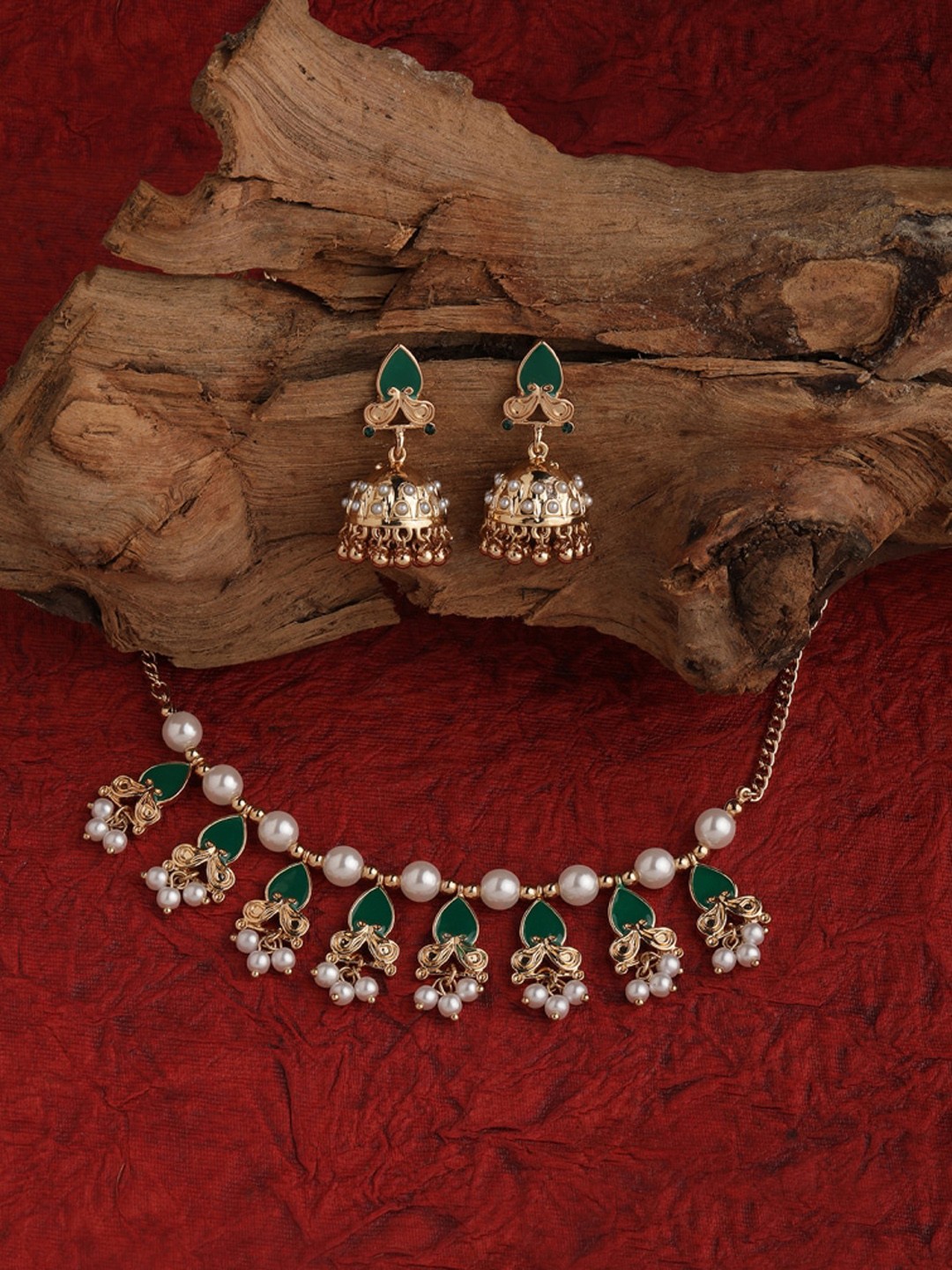 

Accessorize London Gold-Plated Stone-Studded & Beaded Enameled Ethnic Jewellery Set