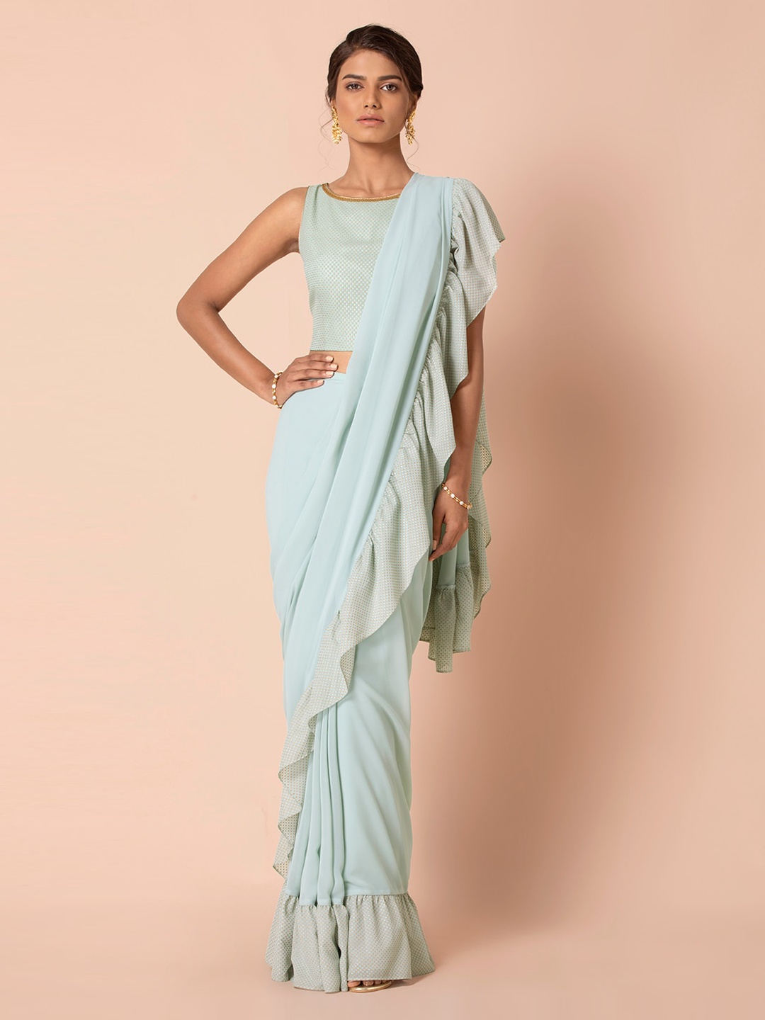 

INDYA Sea Green Foam Dotted Foil Ruffled Saree Skirt