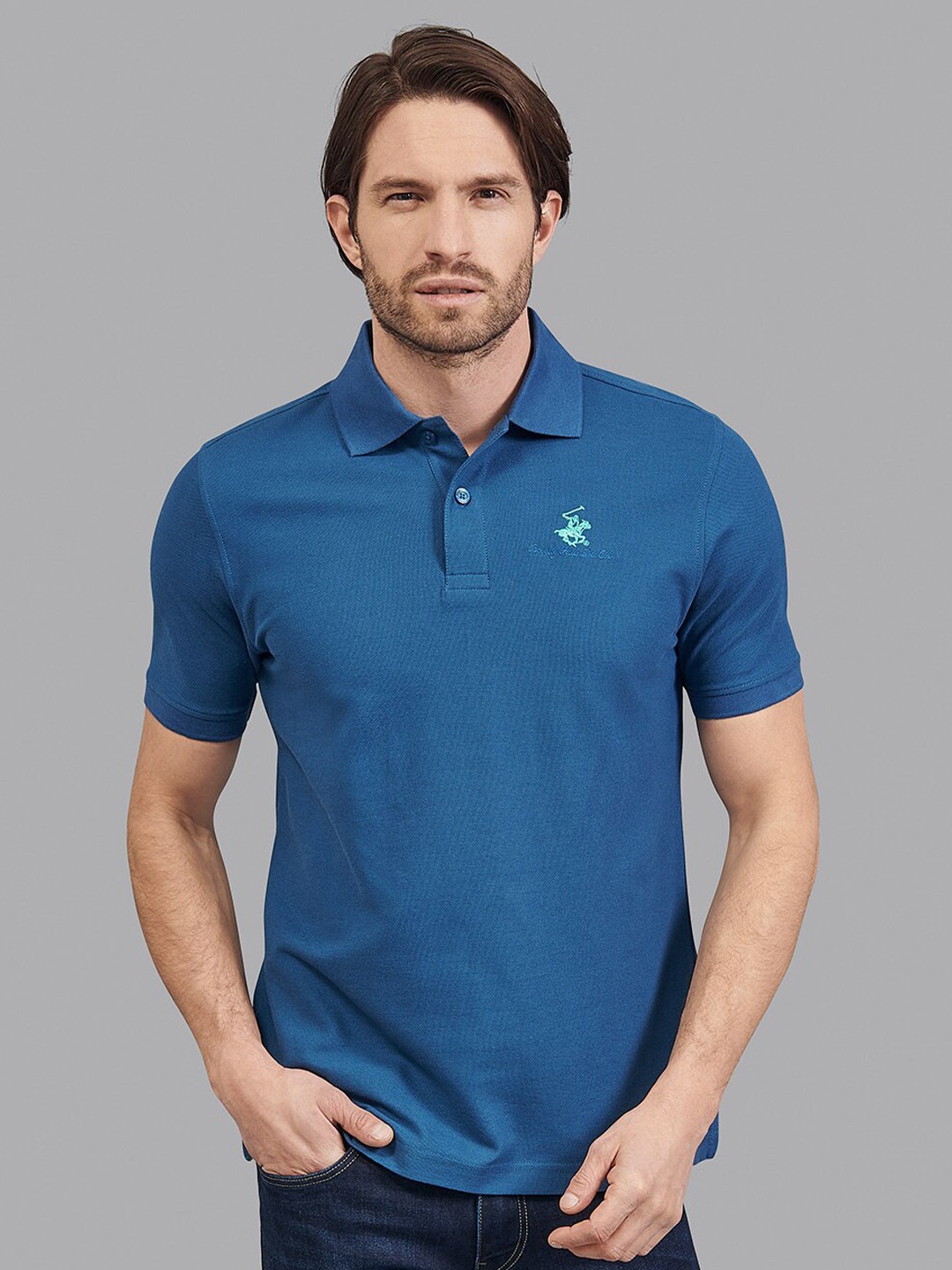 

Beverly Hills Polo Club Men Blue Solid Polo Collar T-shirt