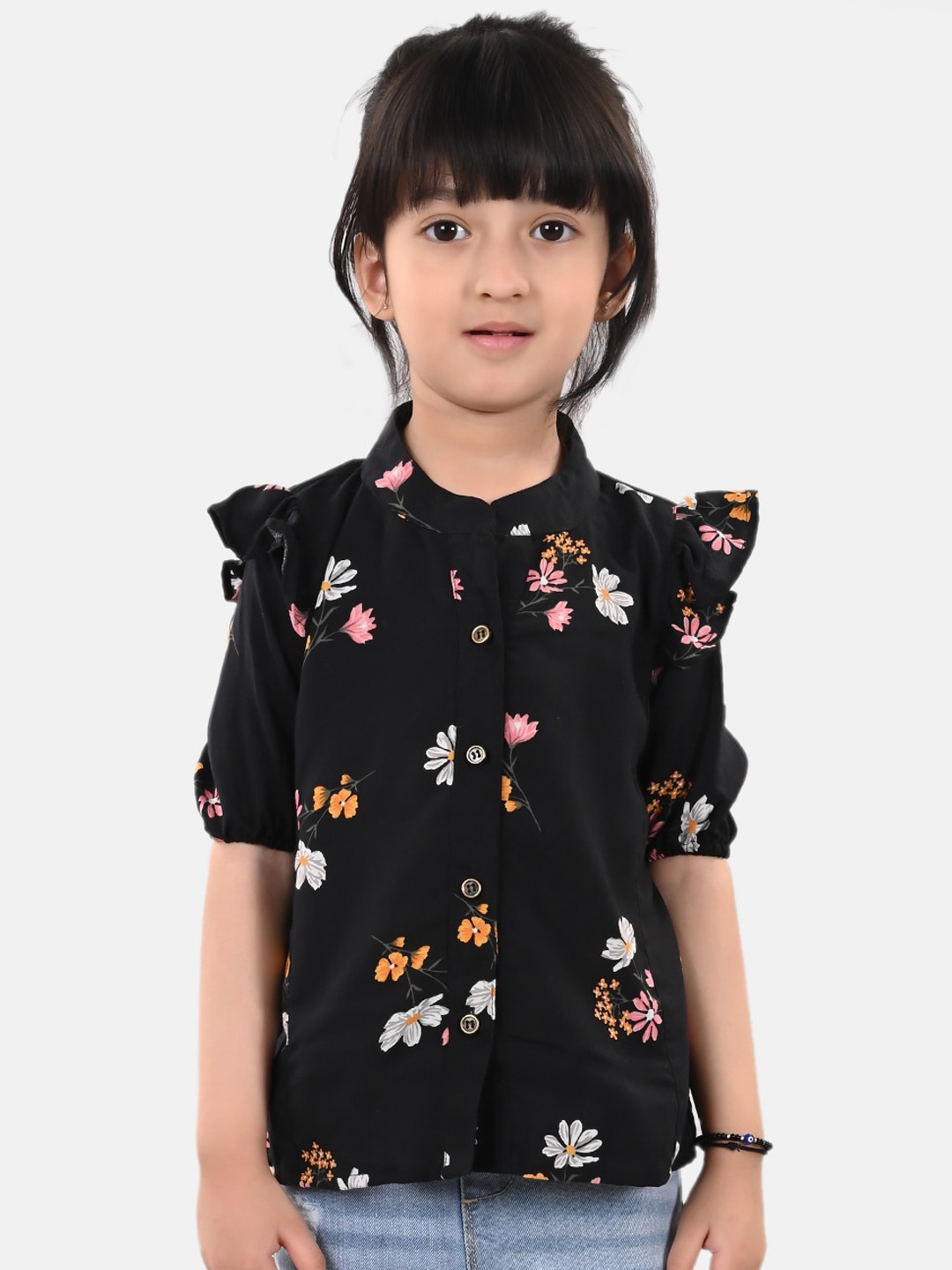 

ESME Girls Black Floral Mandarin Collar Shirt Style Top