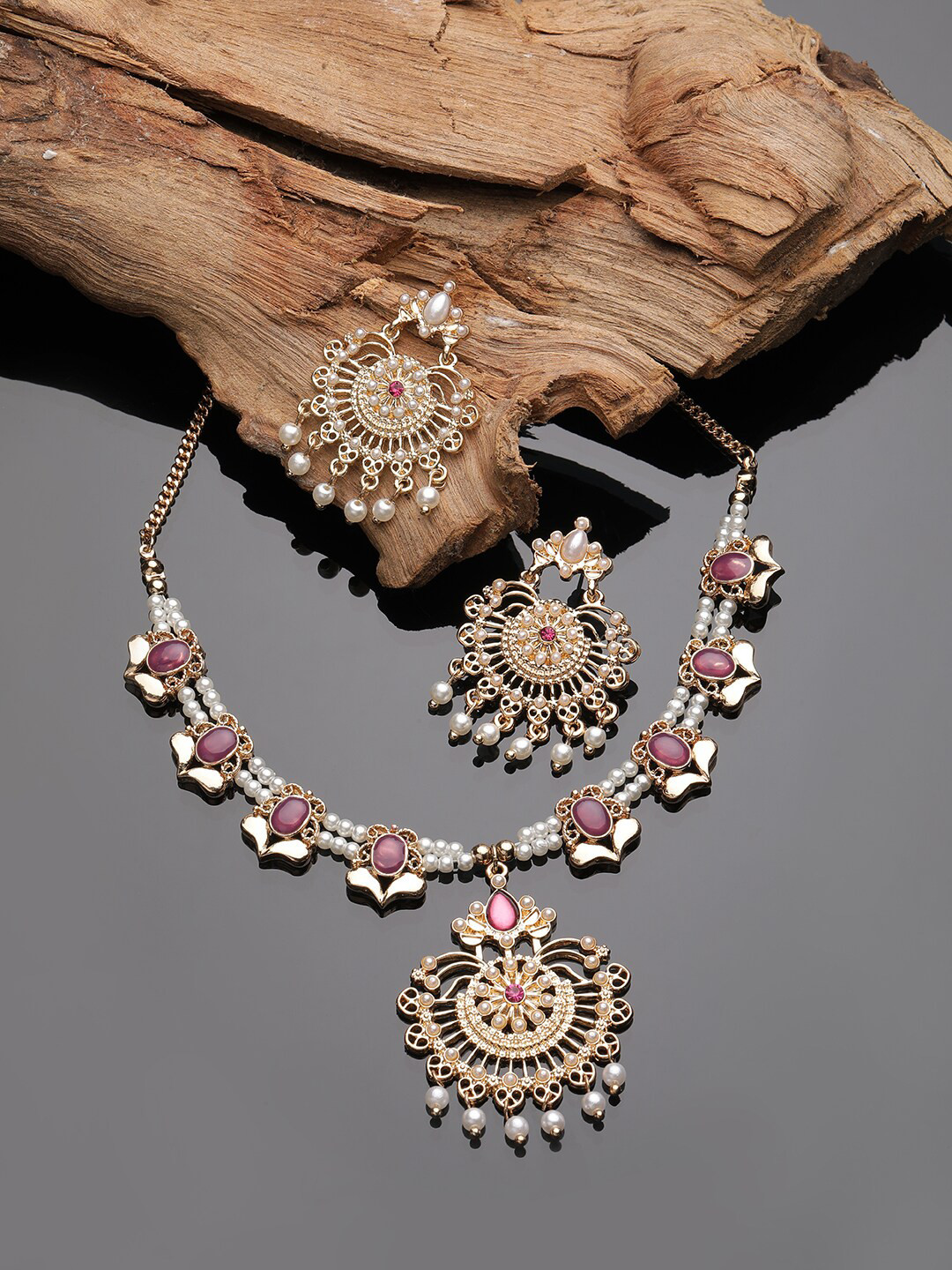 

Accessorize Gold-Plated White & Pink Stone-Studded Beaded Jewellery Set