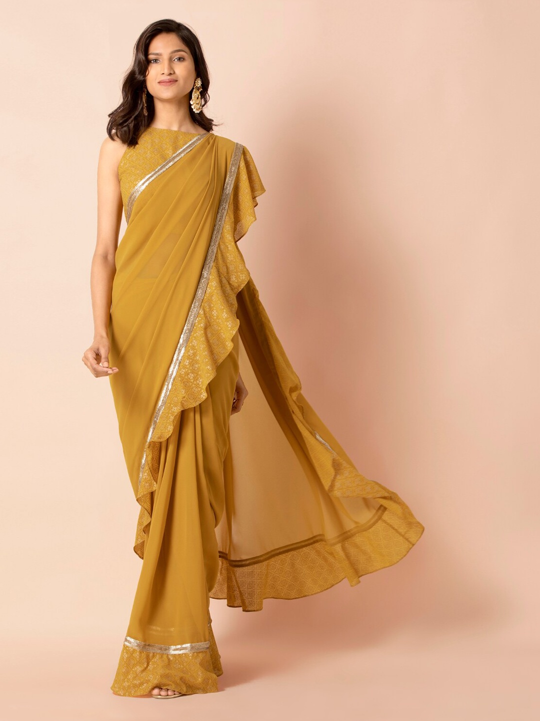 

INDYA Mustard Yellow Pigment Foil Ruffled Saree Skirt