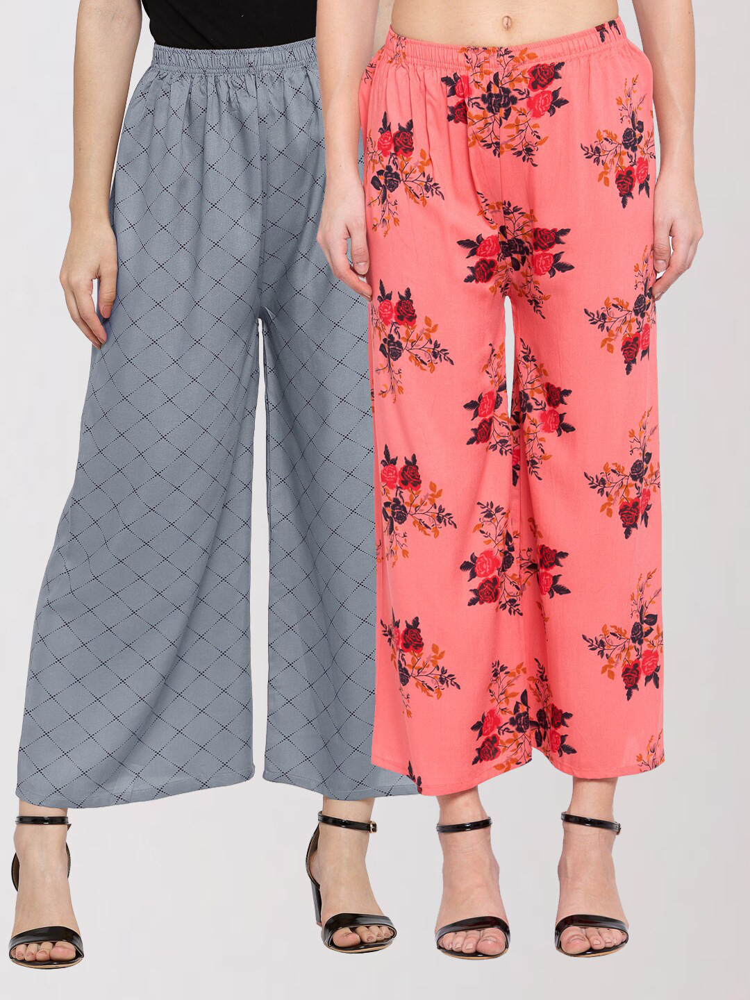 

KLOTTHE Women Pack Of 2 Grey & Peach-Coloured Floral Printed Palazzos