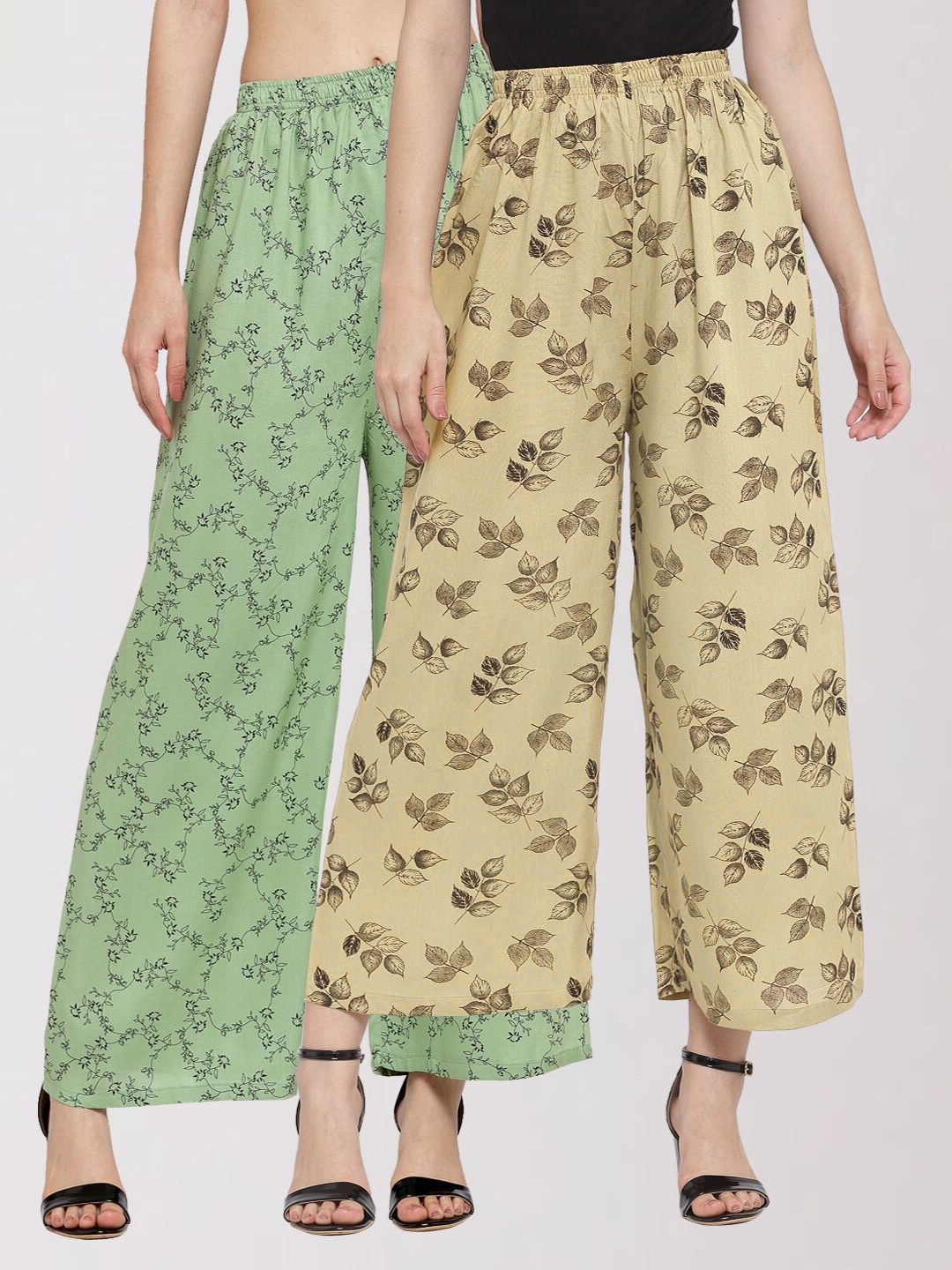 

KLOTTHE Pack of 2 Women Green & Cream-Coloured Printed Palazzos