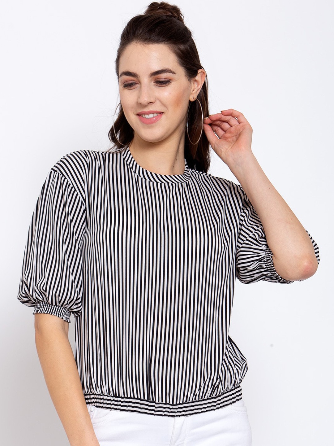 

Style Quotient Black & White Striped Crepe Blouson Top