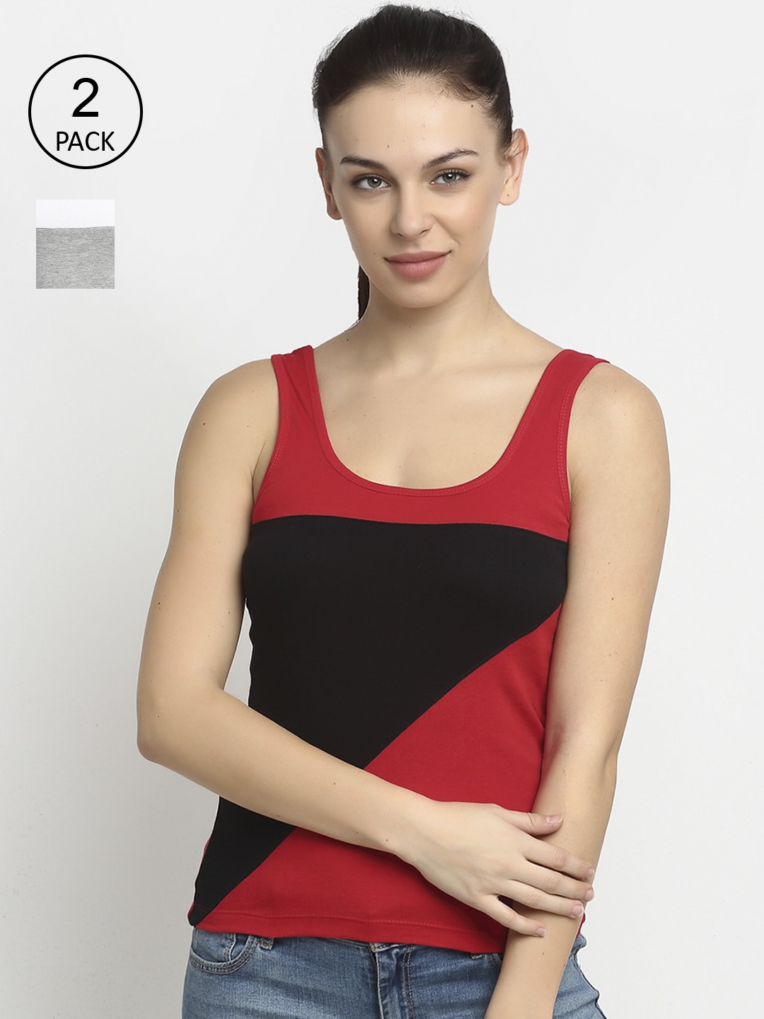 Friskers Women Pack of 2 Multicoloured Solid Tank Top, Multi