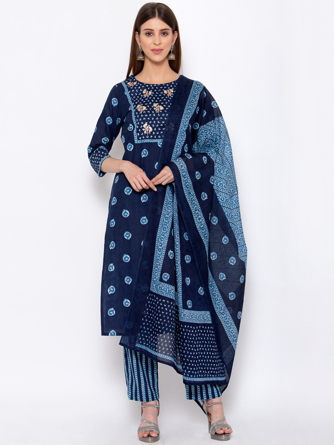 

Yuris Women Navy Blue Ethnic Motifs Printed Pure Cotton Kurta with Trousers & Dupatta