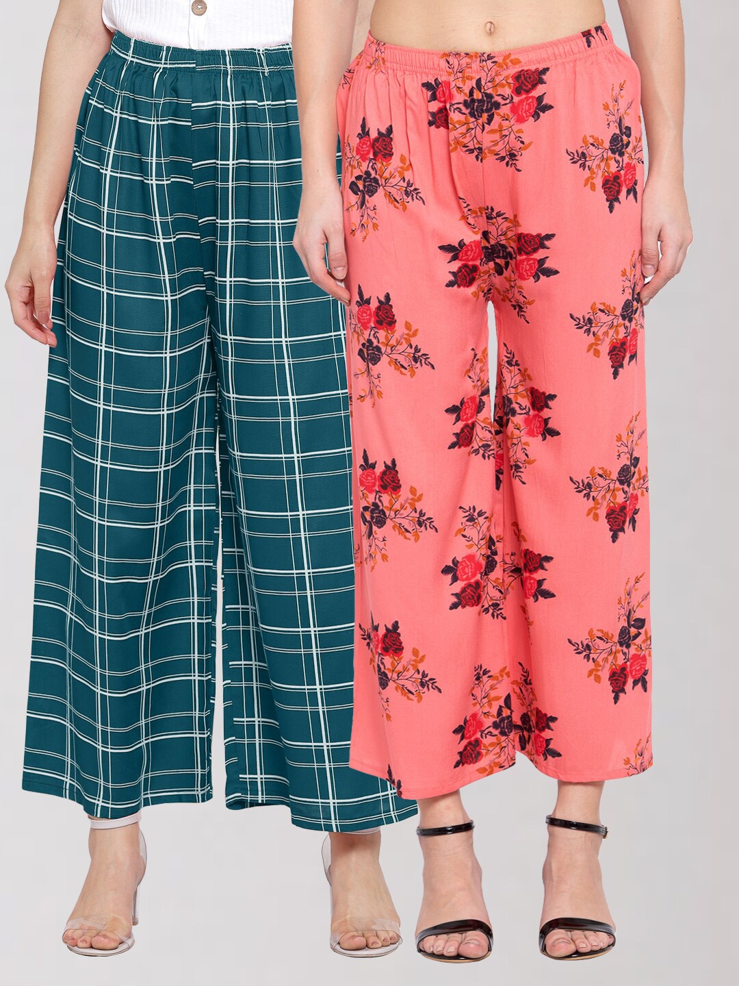 

KLOTTHE Women Peach-Coloured & Green 2 Floral Printed Palazzos